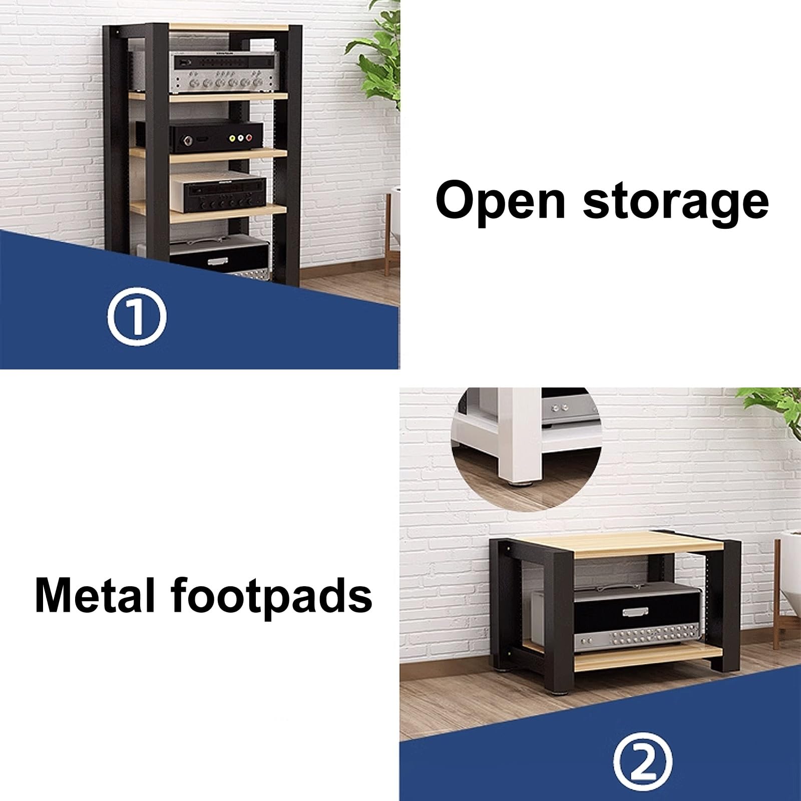 Robusto supporto AV rack – Mensola a 4 strati con tubo in acciaio resistente, torre regolabile in 4 colori (naturale + nero) per Home Theater e apparecchiature audio