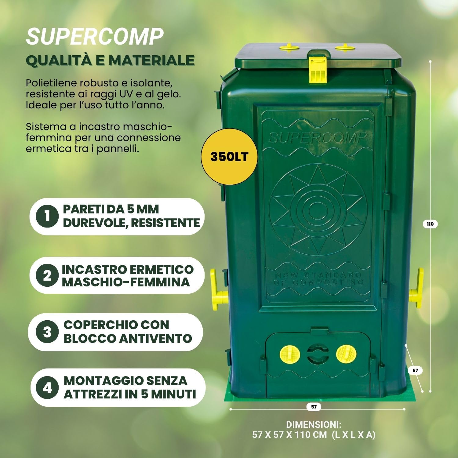 Compostiera 350Lt, Protezione Totale Anti-Roditori e Topi, Senza Cattivi Odori e rivoltamento compost, Aerazione Verticale, Resistente ai Raggi UV e al Gelo, Piano Base Incl.