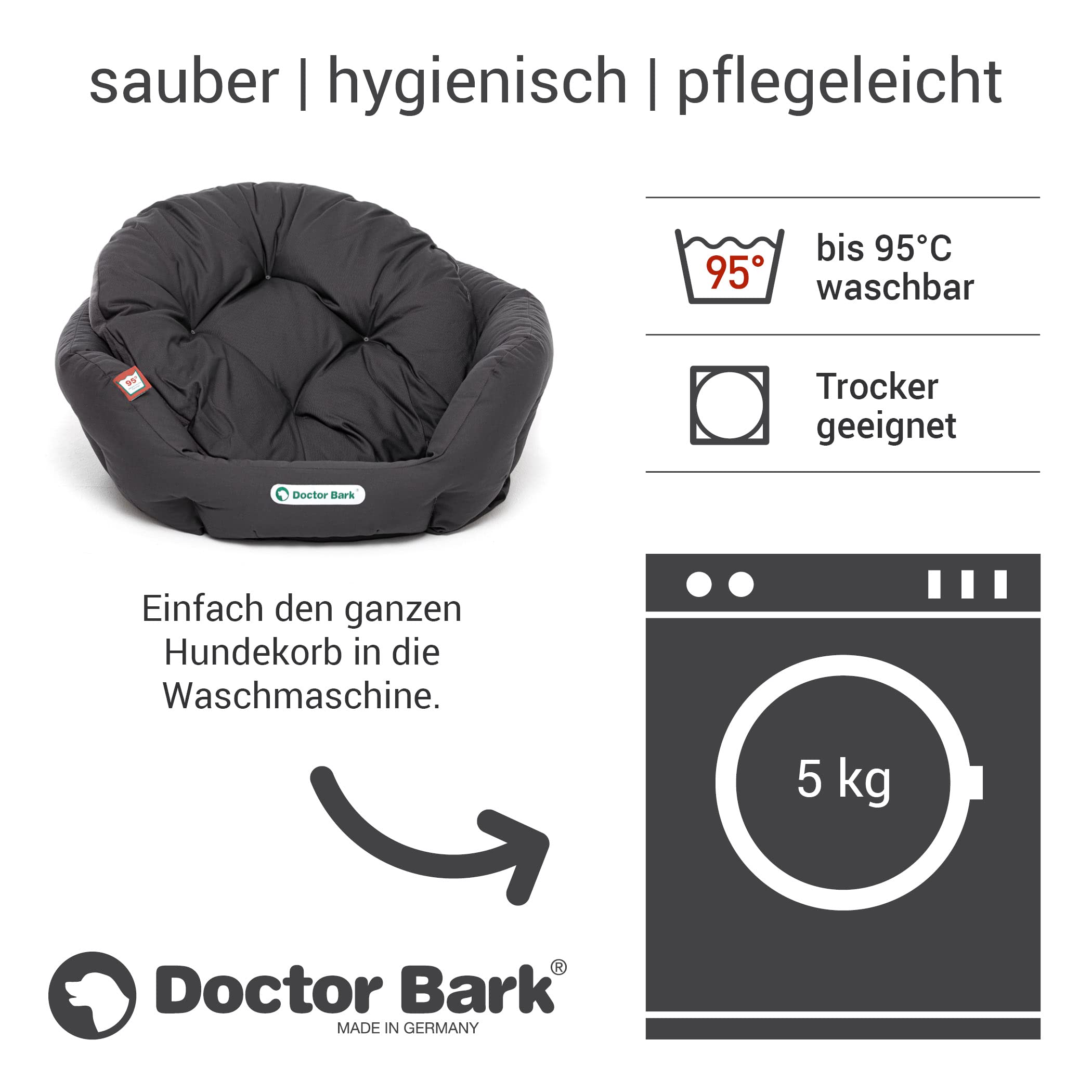 Doctor Bark - Hundebett rund - kuscheliges Hundekörbchen Mittelgroße Hunde mit orthopädischem Wendekissen und Toy-Bone - Waschbar bis 95°C - Made in Germany (M - 50x40 cm, Grau)