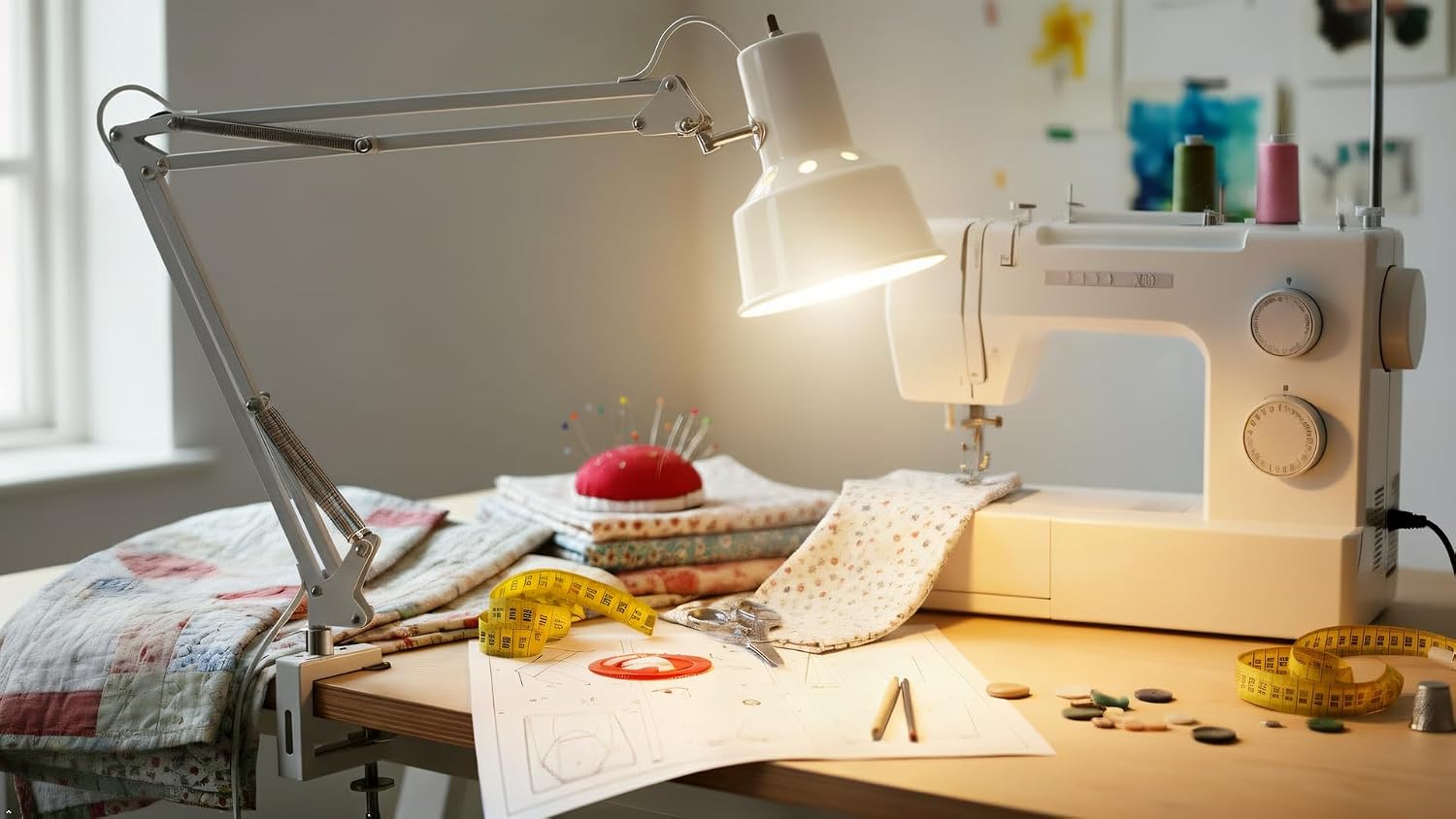 Universal Industrial Sewing Machine and Crafts Working Light Lamp with C-Clamp Mounting, AC Wall Plug, Porcelain Socket, Twist On-Off Switch, Heavy-Duty Shade, All-Steel Construction