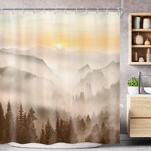 Miniatura 23 de Riyidecor Cortina de ducha de montaña verde rústica para baño, paisaje de bosque, paisaje, tela impermeable, paisaje alpino, decoración de baño