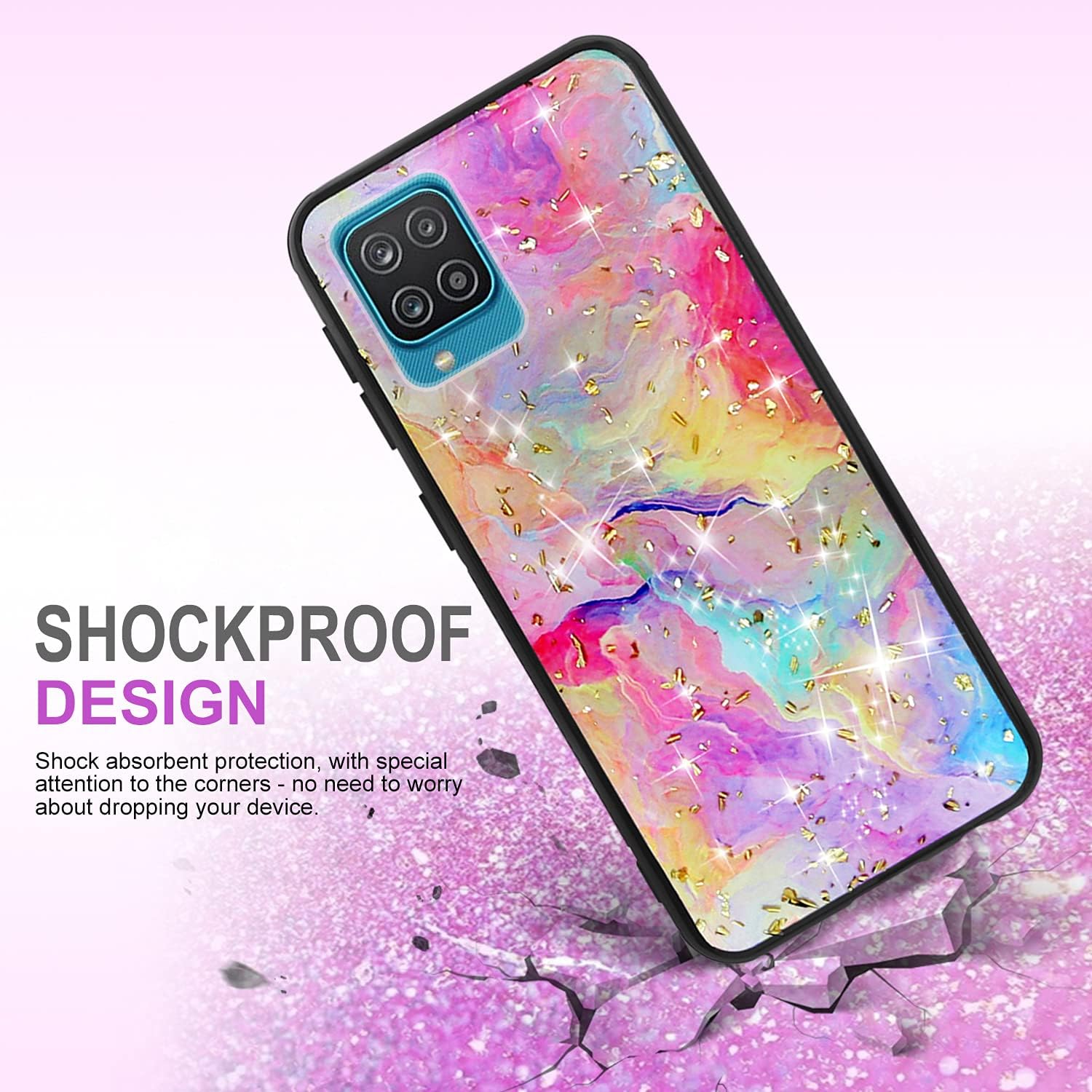 TJS Compatible with Samsung Galaxy A12 Case, with [Tempered Glass Screen Protector] Shiny Flake Glitter Back Skin Full Body Soft TPU Rubber Bumper Phone Case Cover (Rainbow)