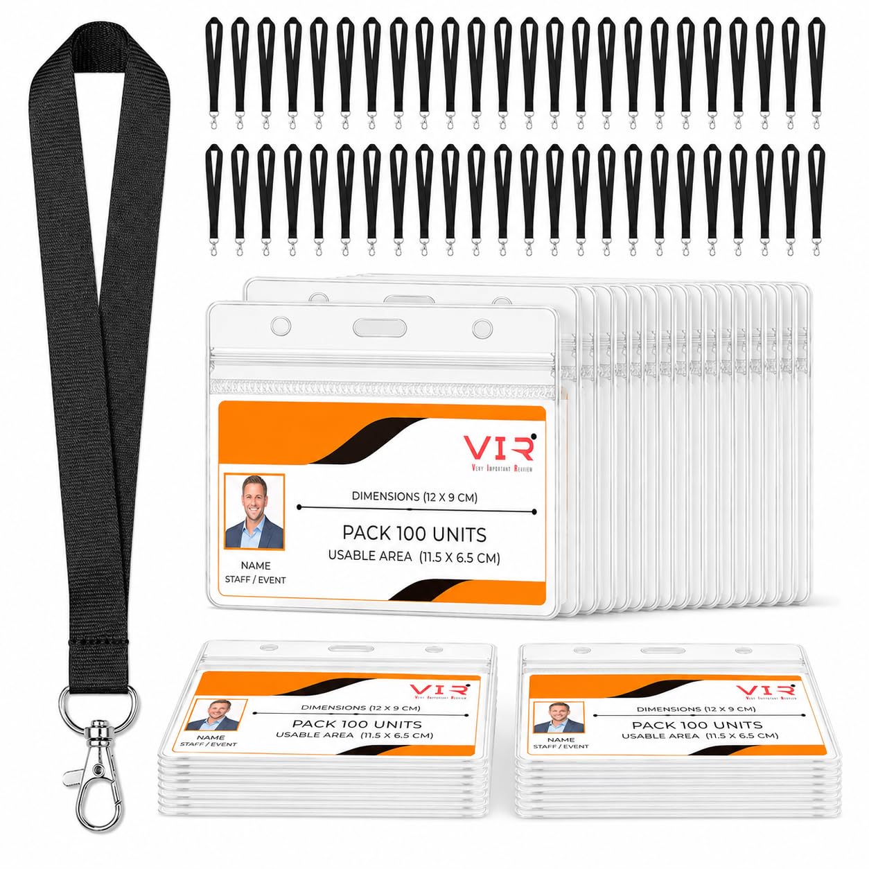 100 Schwarze Lanyards + 100 Kartenhalter Querformat 12 x 9 cm