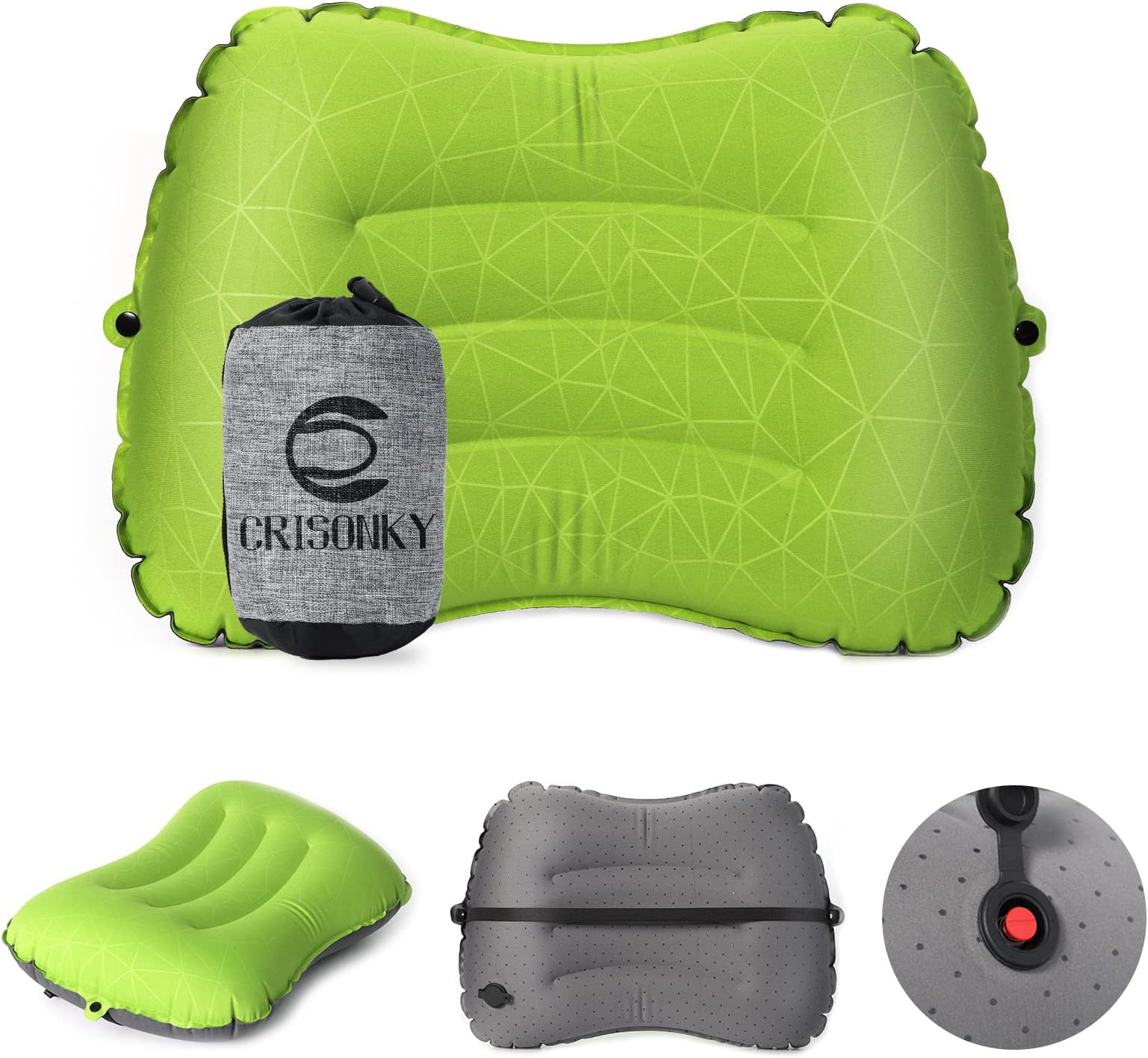 Crisonky Camping Pillow - Inflatable Pillow - Travel Pillows for Backpacking & Airplane, Lumbar Support 2.0 Dual-Valve Blow Up Pillow, Ultralight Compressible, Comfortable, Ergonomic Pillows