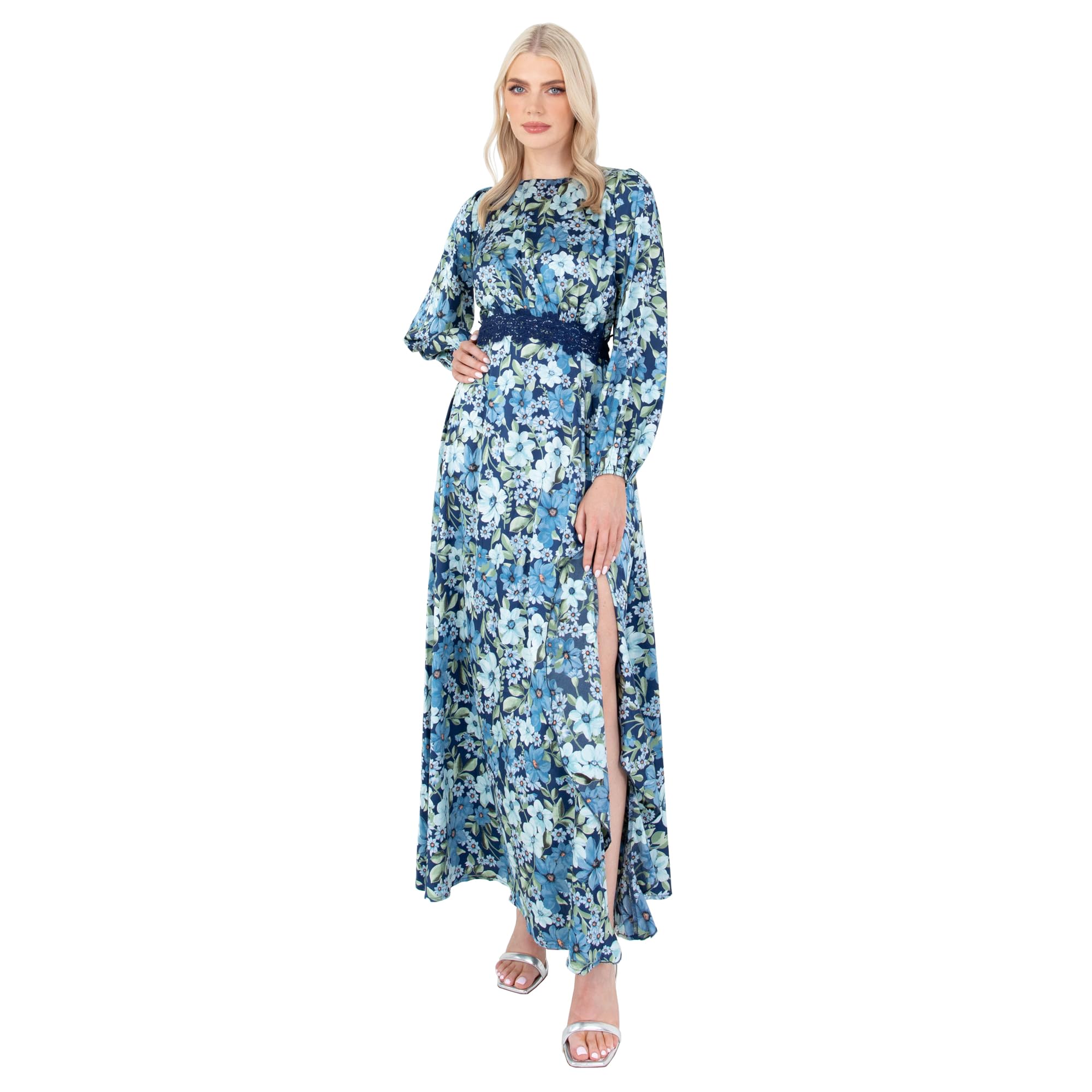 Lovedrobe Women's Maxi Dress Ladies Long Sleeve Satin Floral Lace Trim Round Neck Empire A-line Wedding Guest Evening Occasion, Blue, 22, Blue, 24 UK