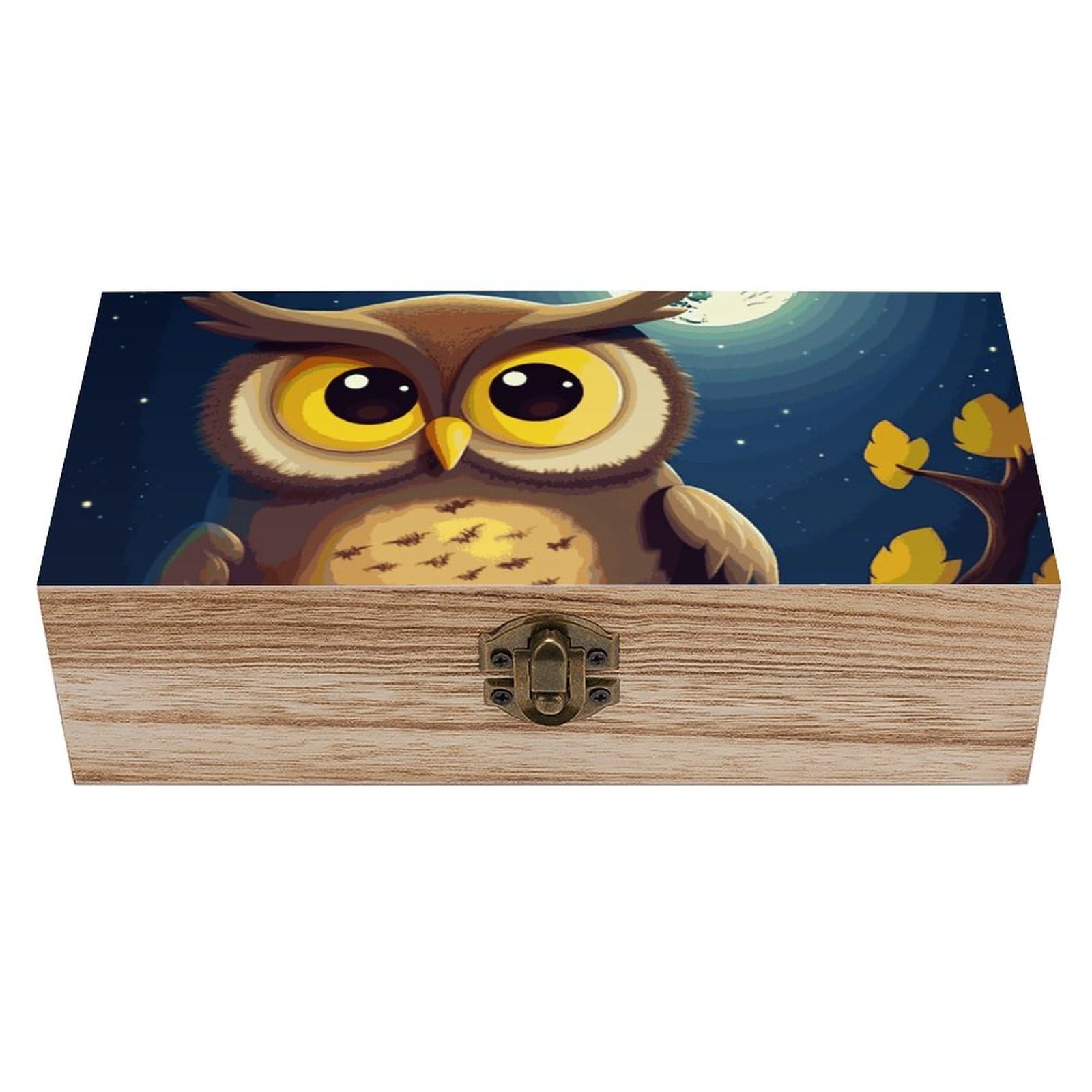 Boîte en bois hibou lune jaune boîte de rangement bijoux