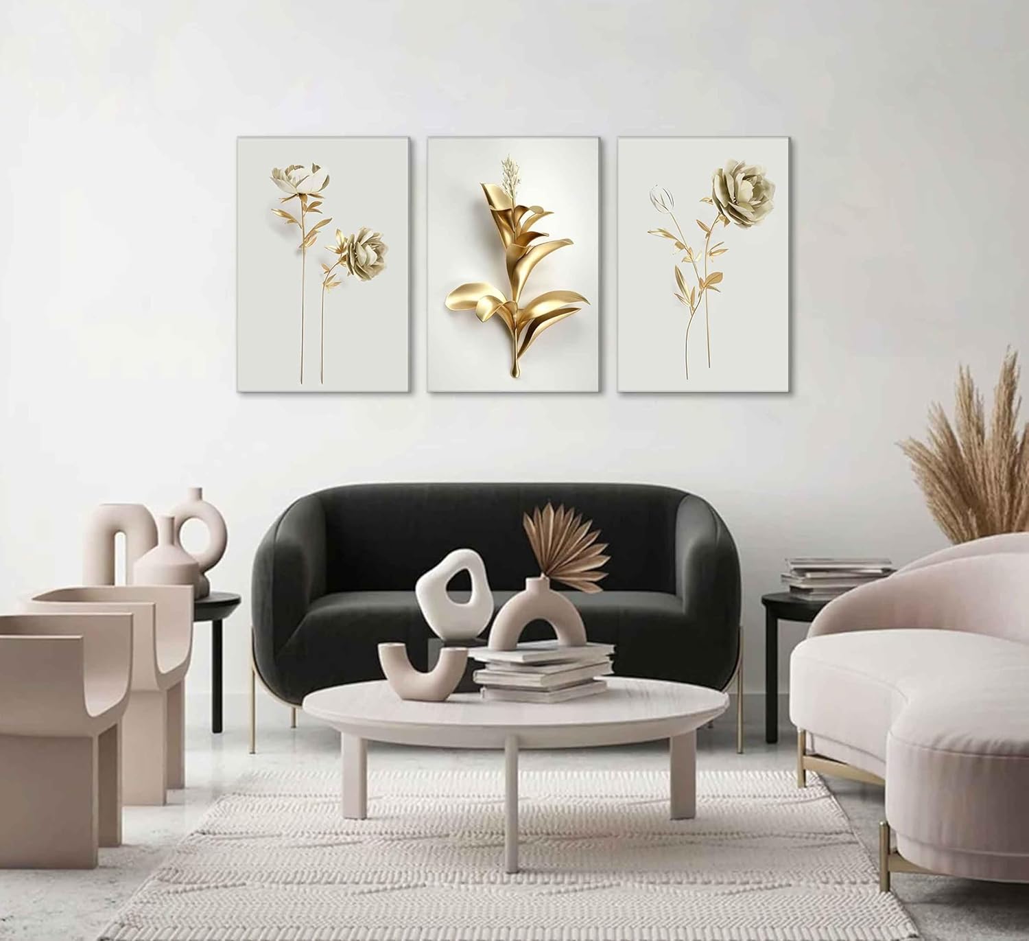 3Pcs Abstract Golden Flower Canvas Wall Art Modern Luxury Minimalism Nordic Floral Plant Painting Picture Wall Decor Poster Print Artwork for Living Room Bedroom Home Decoration