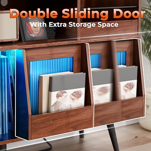 Miniatura 3 de Soporte XL para tocadiscos, estante giratorio con toma de corriente y luz LED, gabinete de almacenamiento de discos de vinilo de hasta 500 álbumes,