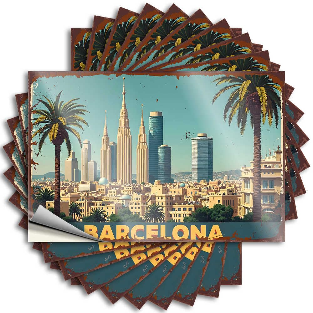Decals Camping Decorations Easy Apply | Barcelona Cityscape with Palm Trees and Modern Skyscrapers Coffee Hard Peel and Stick(12X18CM)