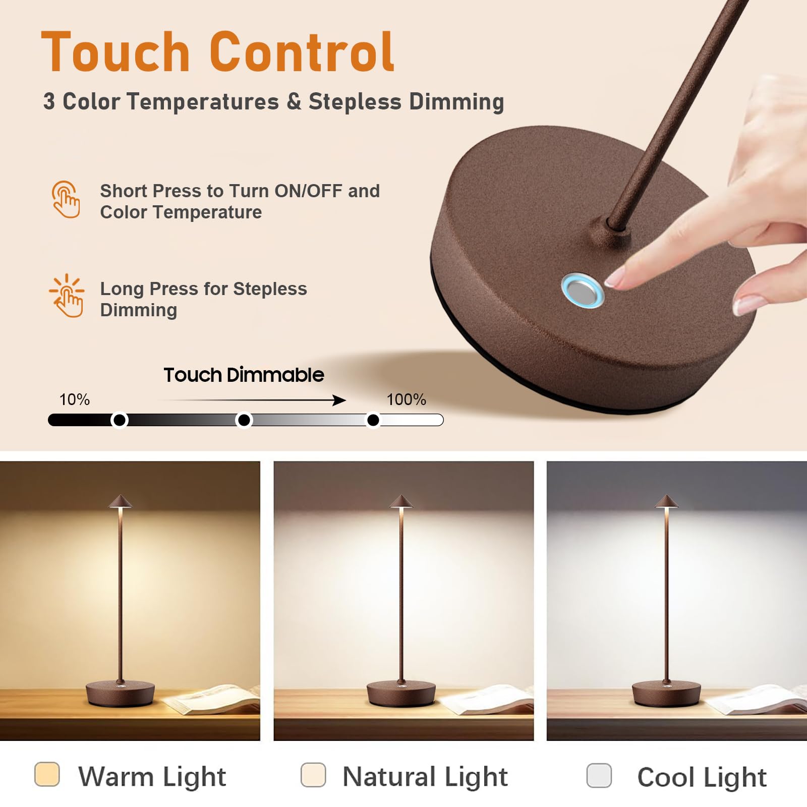 Lot de 2 lampes de table LED sans fil rechargeables à piles Rouille
