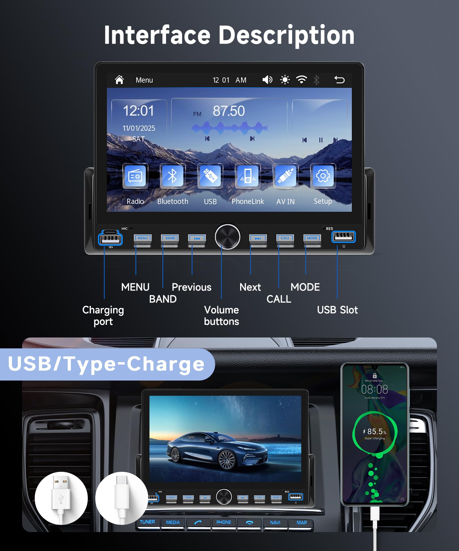 VECHTEL Autoradio 1 Din Touches de Piano avec Carplay Android Auto sans Fil, 7 Pouces IPS HD Écran Tactile Poste Radio Voiture Soutien Bluetooth Radio FM EQ USB/Type-C Mirror Link SWC Caméra de Recul