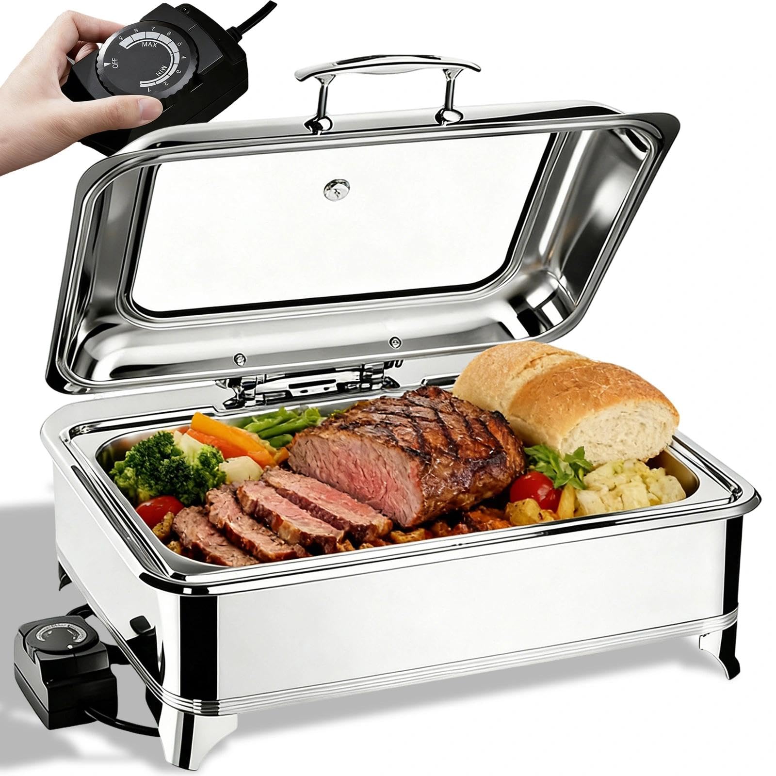 Chafing Dish Buffet Elettrico, 9L Contenitore Scalda Cibo Professionale con Coperchio in Vetro Trasparente, Scaldavivande Buffet Elettrico per Buffet, Feste e Banchetti(FYLL Pan)