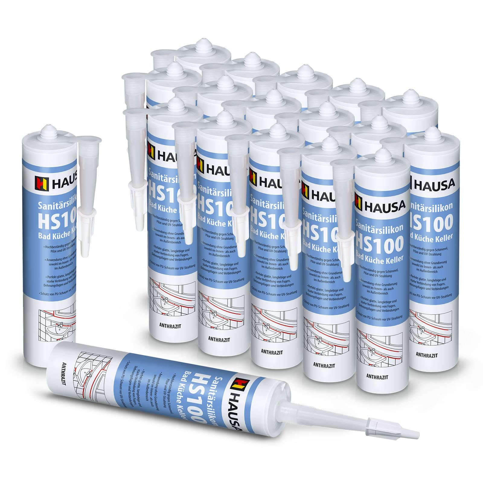 HAUSA Premium Sanitärsilikon anthrazit 18x 310ml HS100 Kartusche für Bad Dusche Küche hochelastisch wasserdicht UV- und witterungsbeständig Acetat Silikon-Dichtstoff
