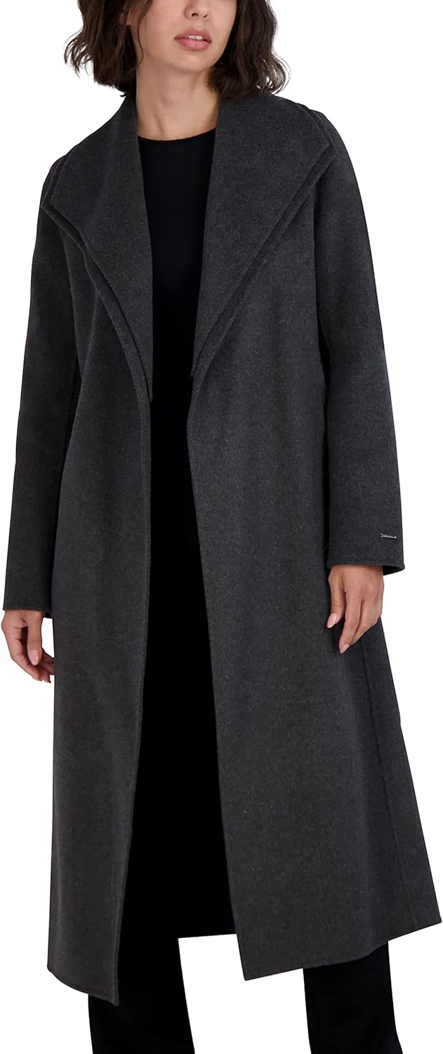 TAHARI womens Slim Fit Double-faced Soft Wool Blend Wrap Coat With Tie Belt – Long Wool Coat - Image 3