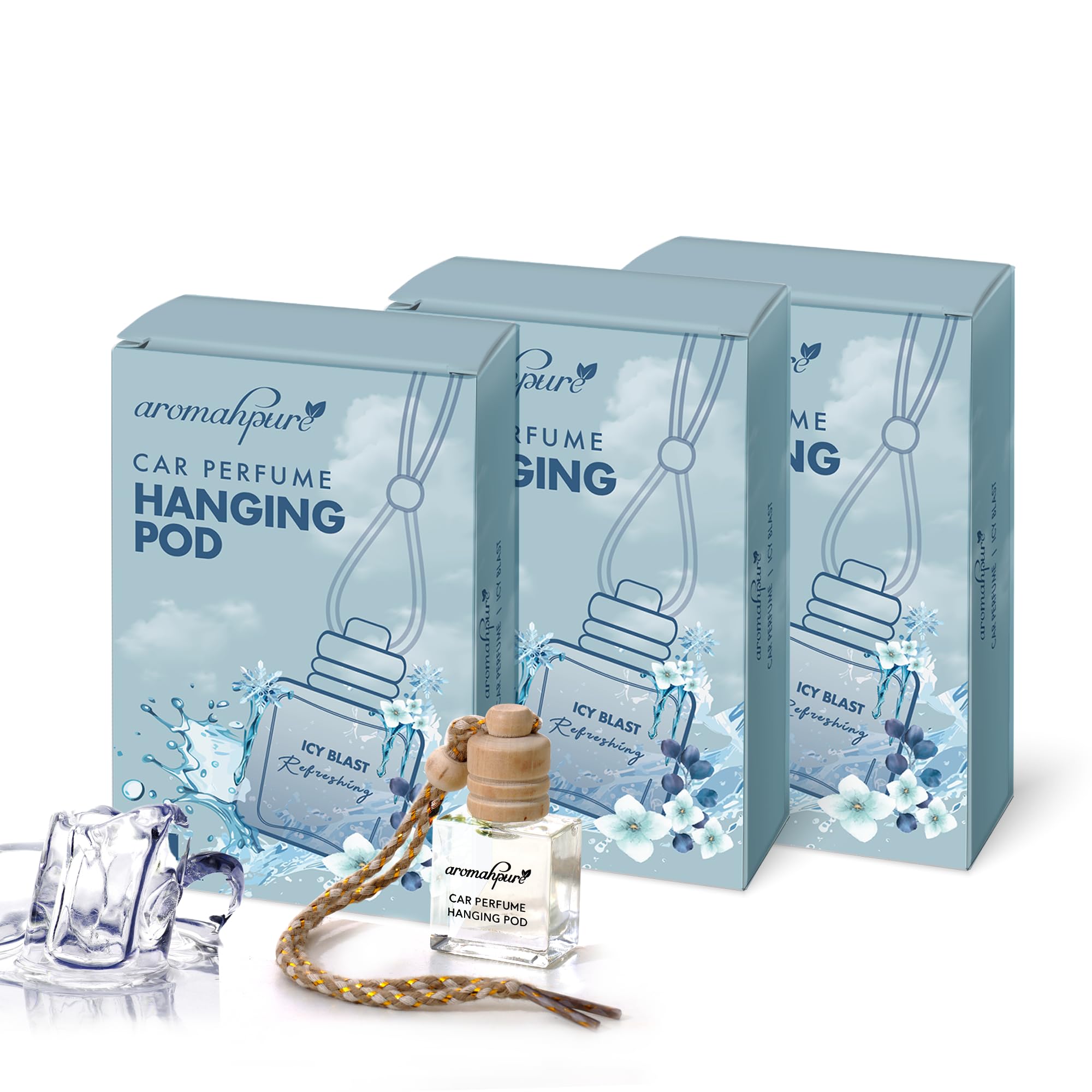Aromahpure Premium Car Perfume Hanging Pod |10 ML |Aqua Fragrance Car Air Freshener |Natural Fragrance Oils in Glass Bottle with Wooden Diffuser Lid |Last upto 30 Days (Pack 3), IFRA certified
