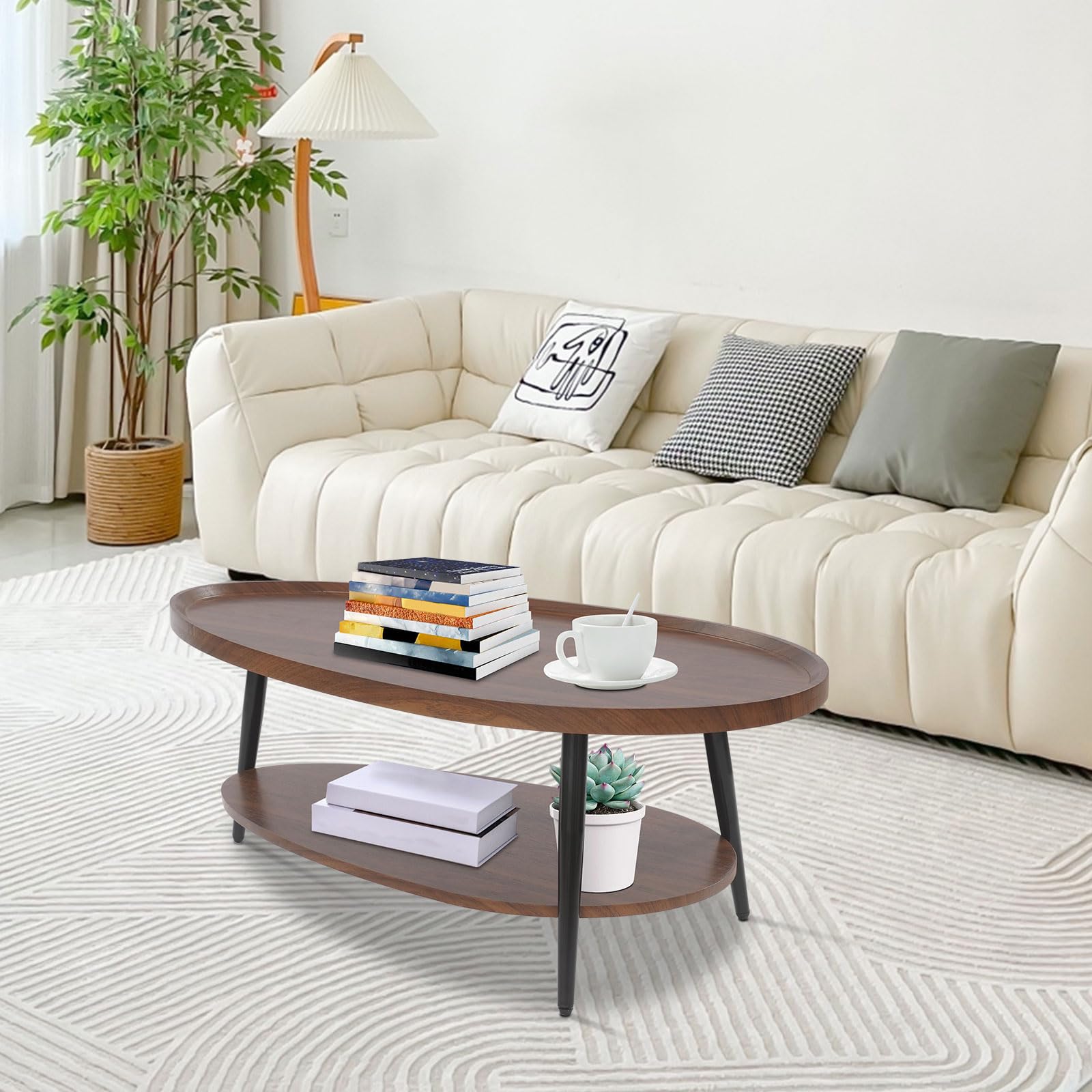 Mesa de centro ovalada de madera de doble capa, mesa de salón, estilo nórdico, diseño en forma de lágrima, mesas auxiliares, 2 niveles, 100 x 38 cm, para sofá, oficina, café (marrón)