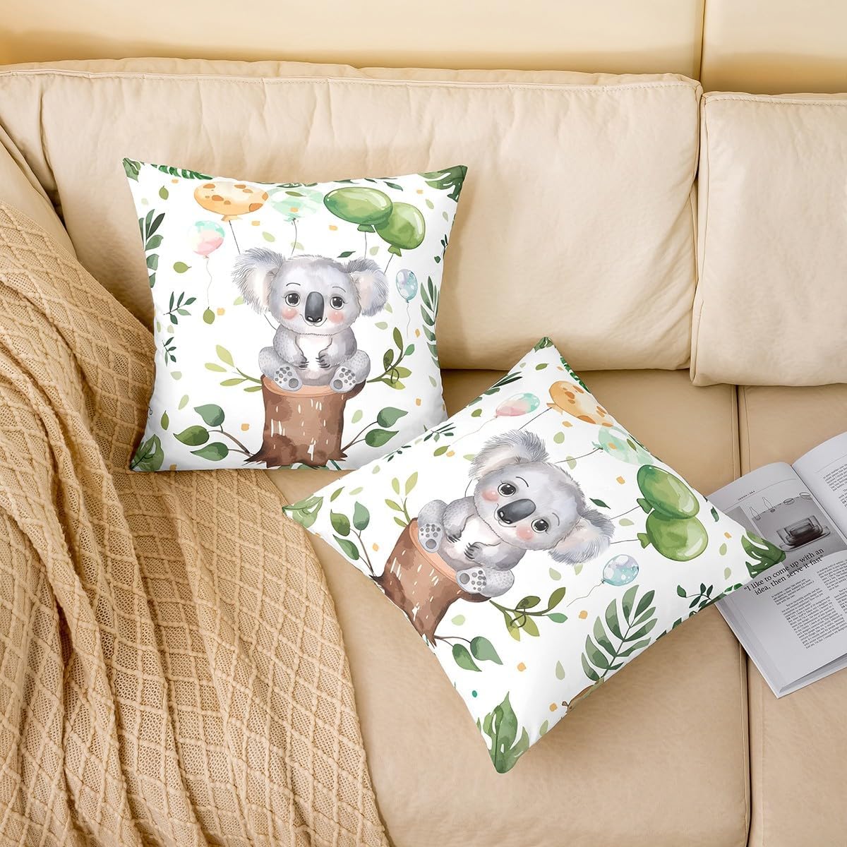 Erosebridal Kawaii Koala Throw Pillow Cover 24x24 Inch, Cartoon Animals Printed Soft Pillow Cover, Cute Wildlife Cushion Cover for Sofa, Gray Green Balloons Kids Boys Girls Decorative Pillow Cover
