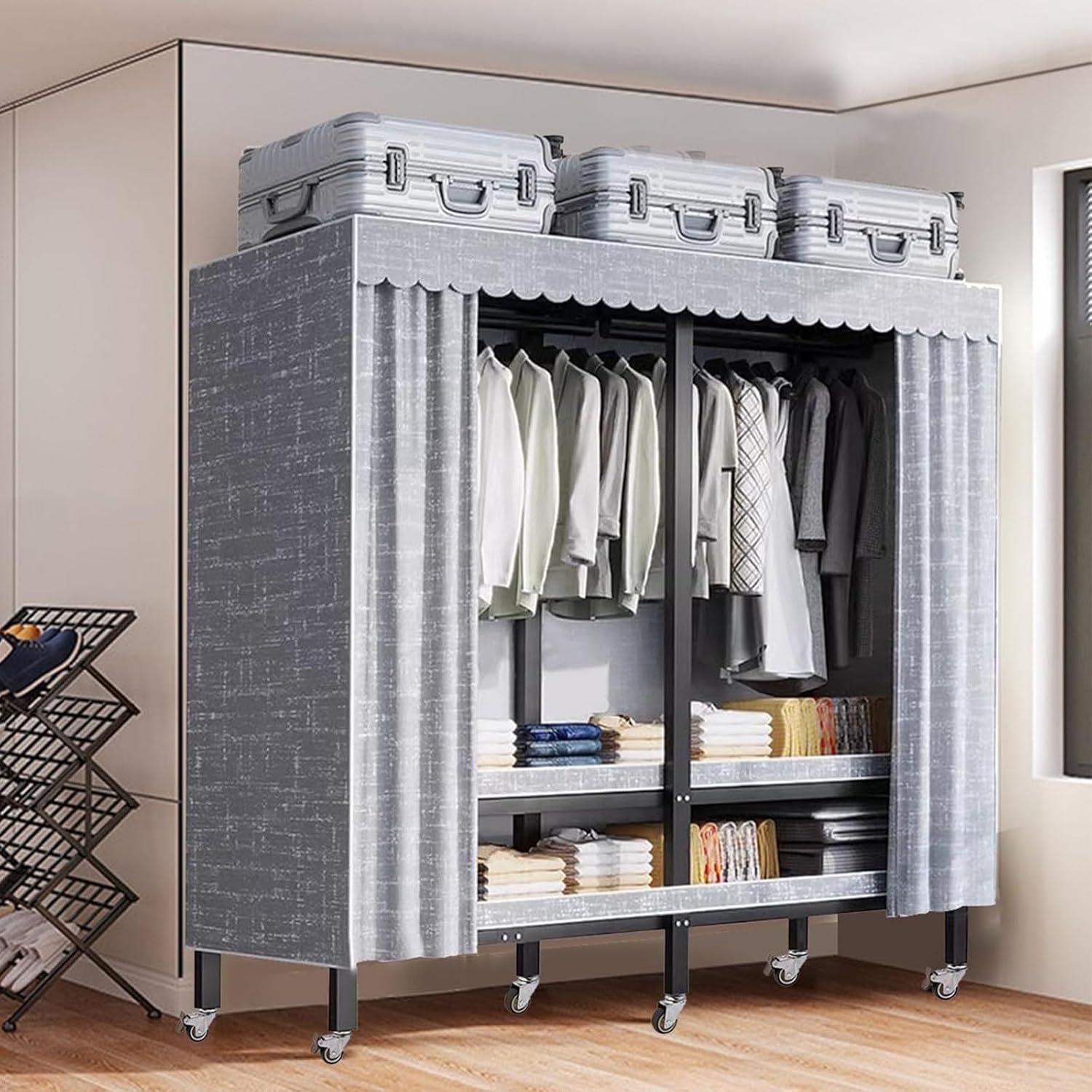 Metal Mobile Clothes Drying Rack - Fabric Wardrobe Closet, With Cover And Wheels Collapsible Clothes Rack, Heavy Duty Portable Wardrobe Closet, For Hanging Clothes Coat Storage Organizer(Size:203*52*1