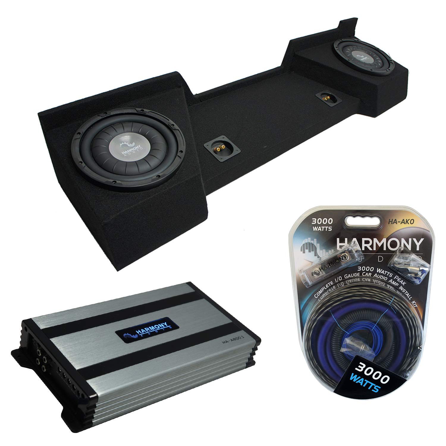 Harmony Audio Compatible with 2007-2013 Chevy Silverado Extended Cab Truck Harmony Bundle F104 Dual 10" Loaded Sub Box Bundle with HA-A800.1 Amp & Install Kit