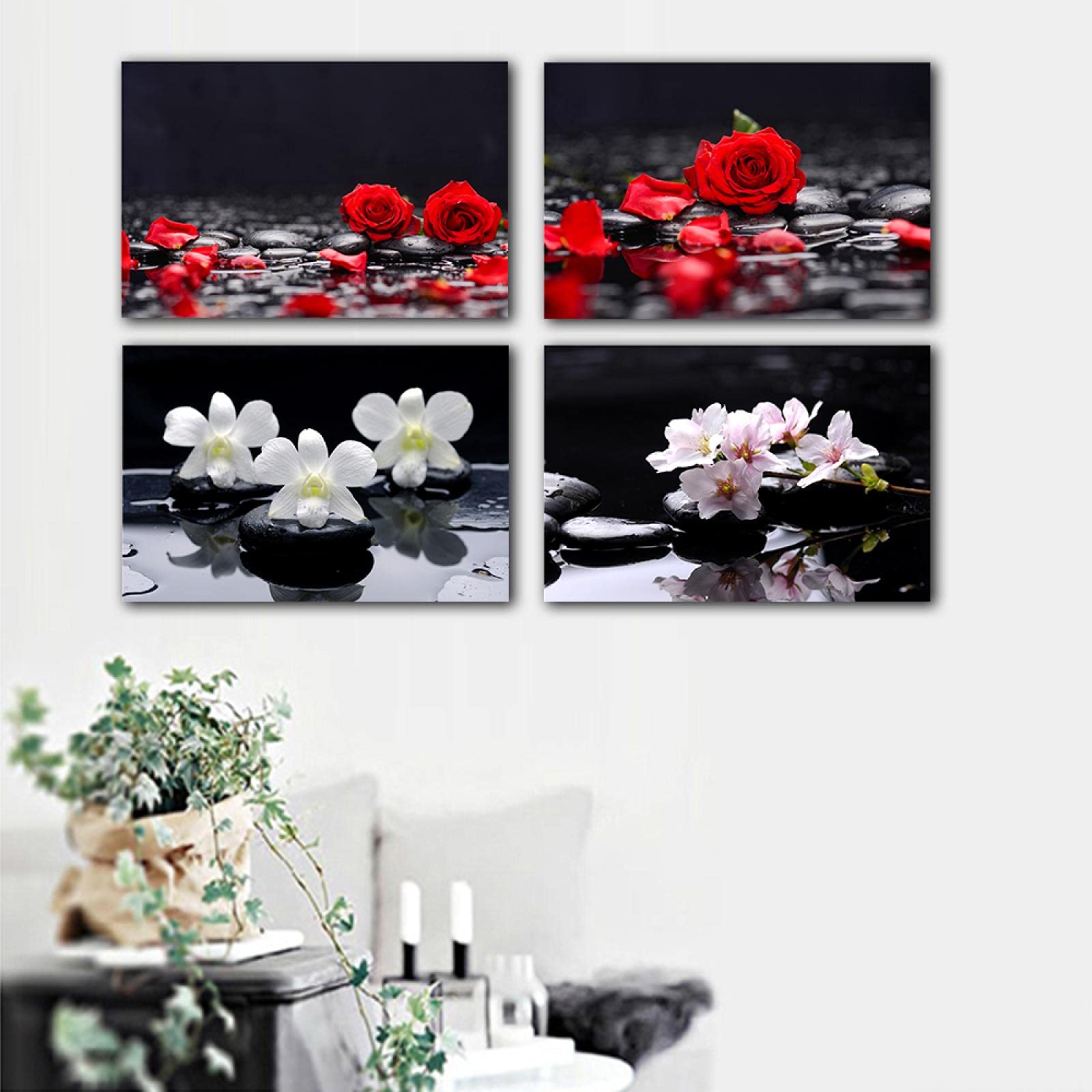 Tongda Decor Rosa roja y piedras Zen negras Lienzo Pintura Cartel Mariposa Melocotón Flor de pared Arte de bambú Impresión sobre lienzo Decoración de pared moderna 60x80cmx4pcs sin marco