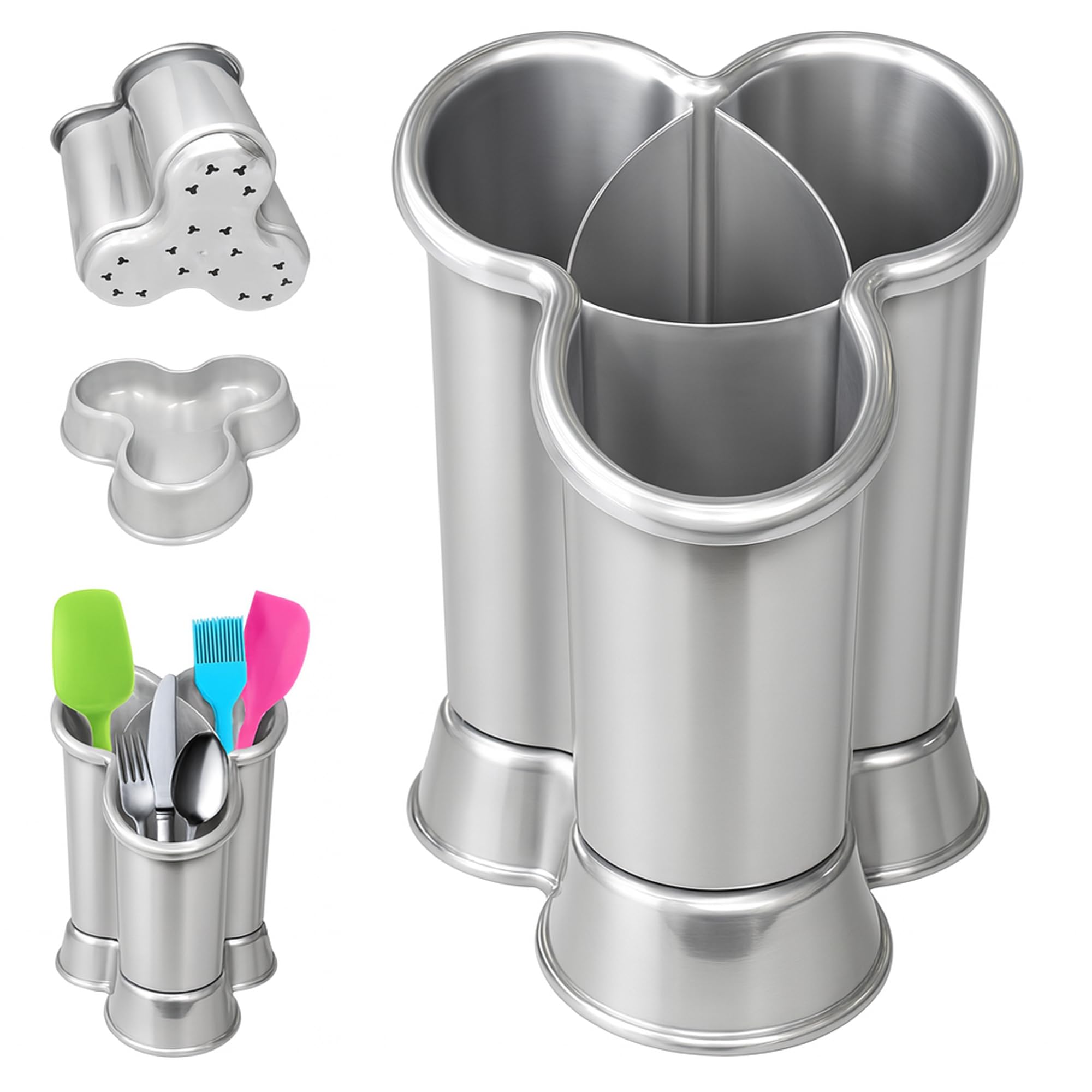 4 Compartment Cutlery Drainer Caddy | High Grade Plastic Utensil Holder for Kitchen | Cleaning Tools Organizer for Home & Kitchen (Silver - D2)