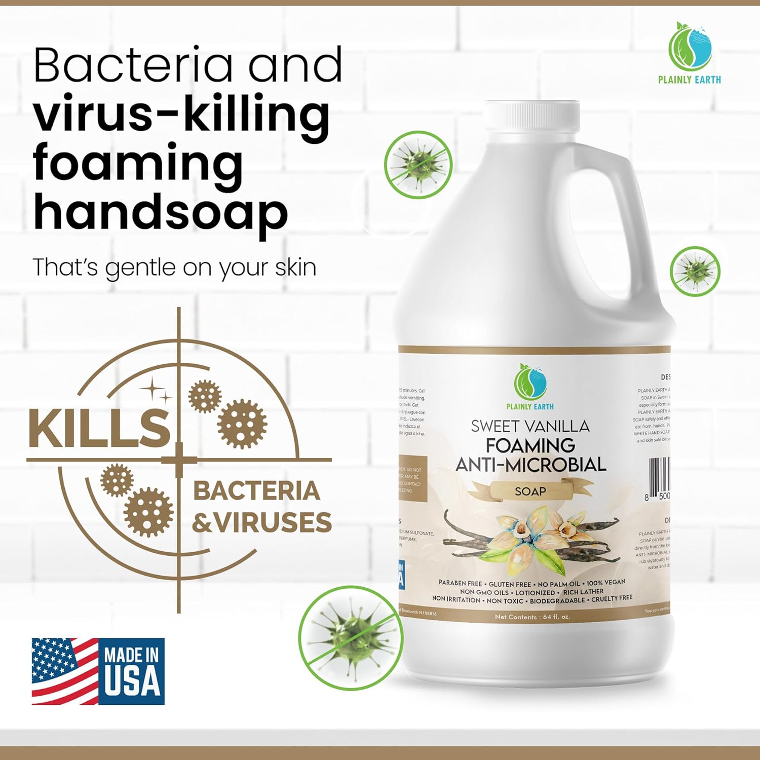 AntiMicrobial Hand Soap 64 oz - Sweet Vanilla Gentle Foaming Liquid Hand Soap Refill Antibacterial - Moisturizing, Long Lasting Freshness & Safe for Skin