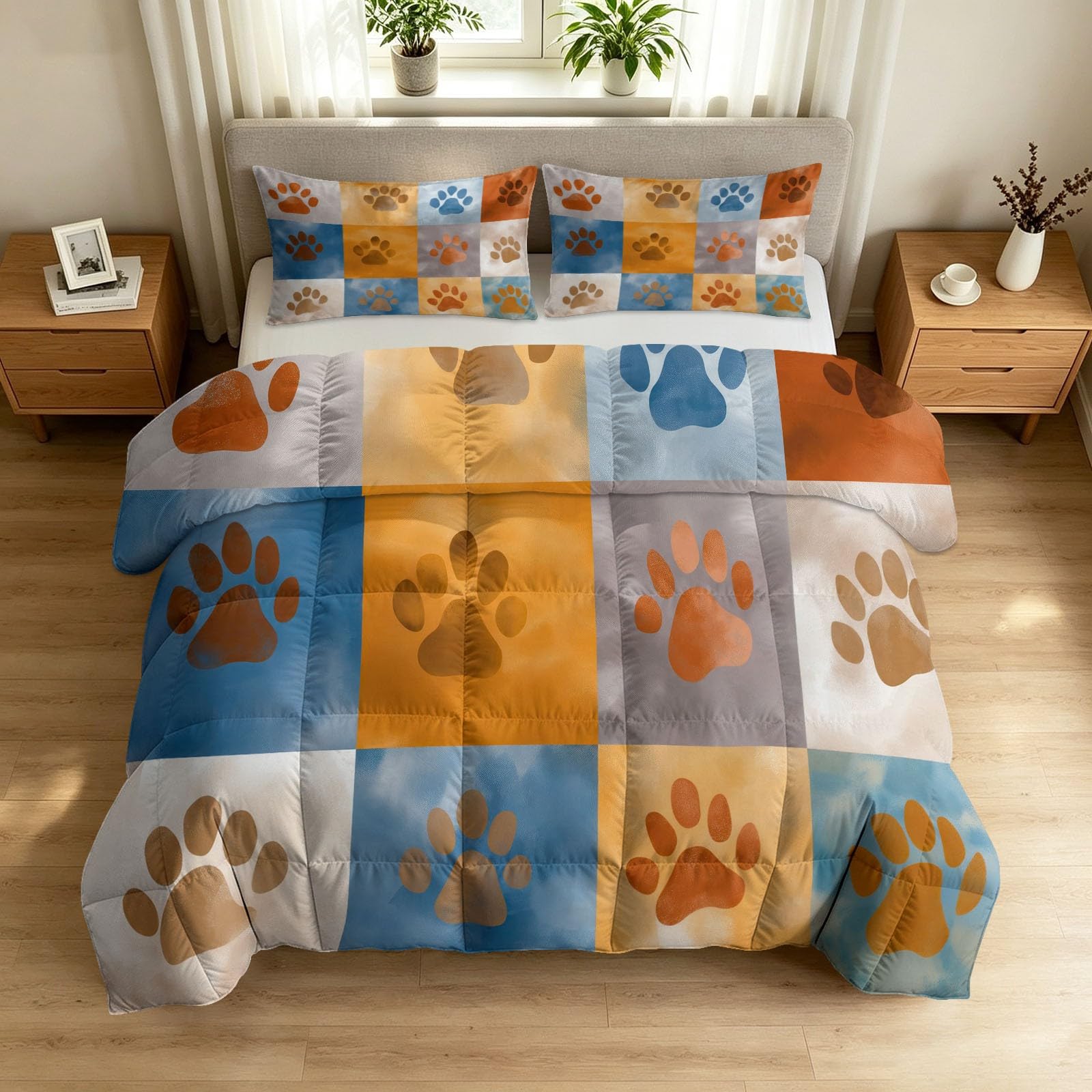 Sommerdecke ohne bezug 155x220 cm Braun Modern Cartoon Stil Antiallergisch Leichtsteppbett & Ganzjahresdecke - Waschbar mit 2 Kissenbezügen Tiere Pfotenabdrücke Weiche und Atmungsaktive Wende