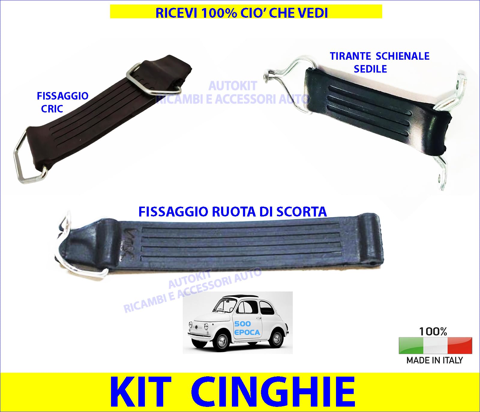 Generico Cinghia Ruota di Scorta + Cinghia Cric Martinetto + Cinghia Schienale Kit per 500 d'Epoca F L R D Prodotte dal 1957 in Poi - 27028-27029-27030