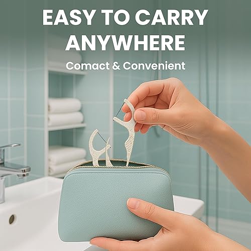 Miniatura 9 de Paquete de 75 palillos de hilo dental natural, varillas de hilo dental orgánico biodegradables con hilo de carbón de bambú fuerte y mango de almidón