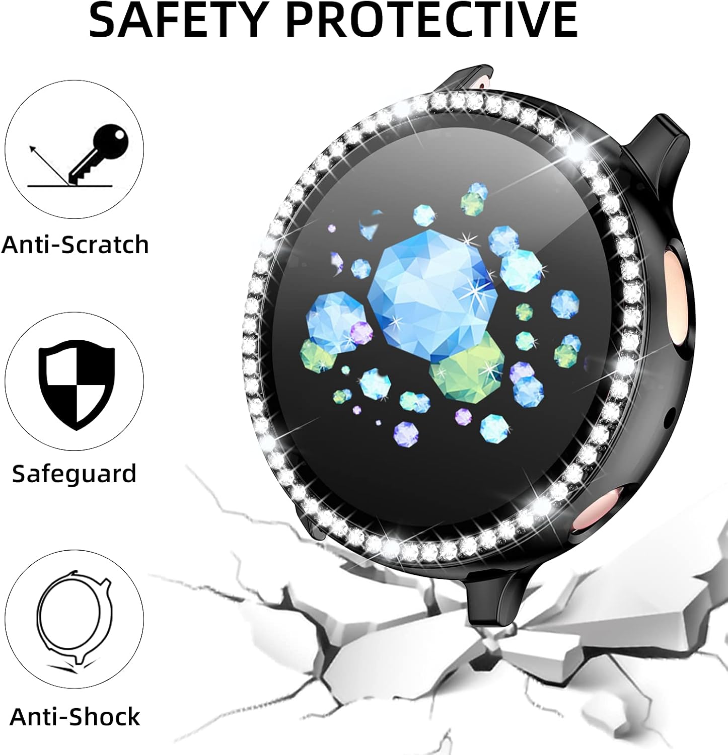 GEAK Compatible for Samsung Galaxy Active 2 Watch Screen Protector, Crystal Diamonds Design for Women Girl Dressy Full Protective Bumper with HD Screen Protector for Galaxy Active 2 Watch 44mm Black
