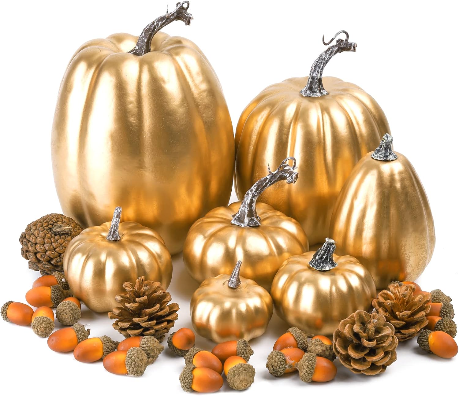 Toopify 7 pcs Assorted Sizes Gold Artificial Pumpkins Faux Foam Autumn Pumpkins with 24 pcs Acorns and 4 pcs Pinecones for Halloween Thanksgiving Table Fall Harvest Home Decorations
