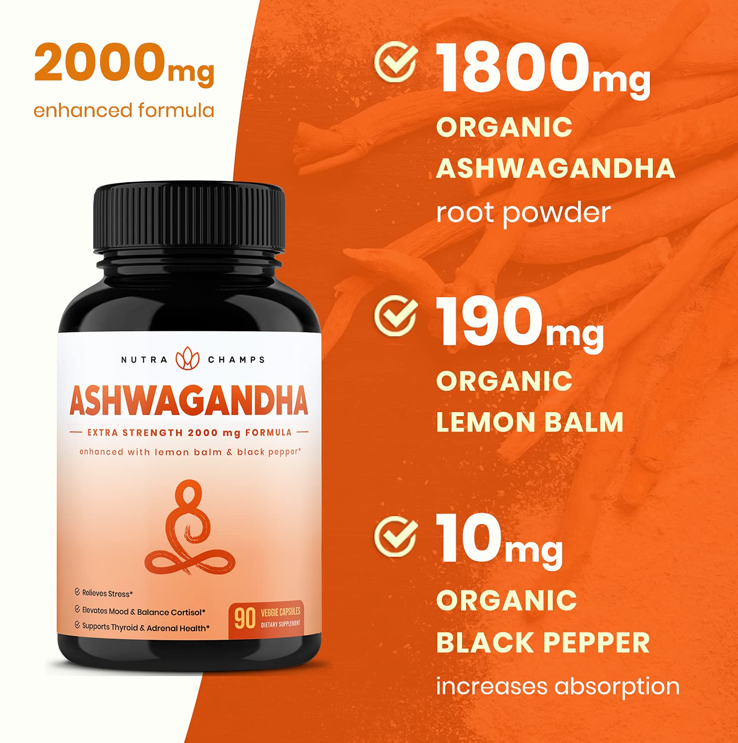 Organic Ashwagandha 1200mg 120 Vegan Capsules w/BioPerine Premium