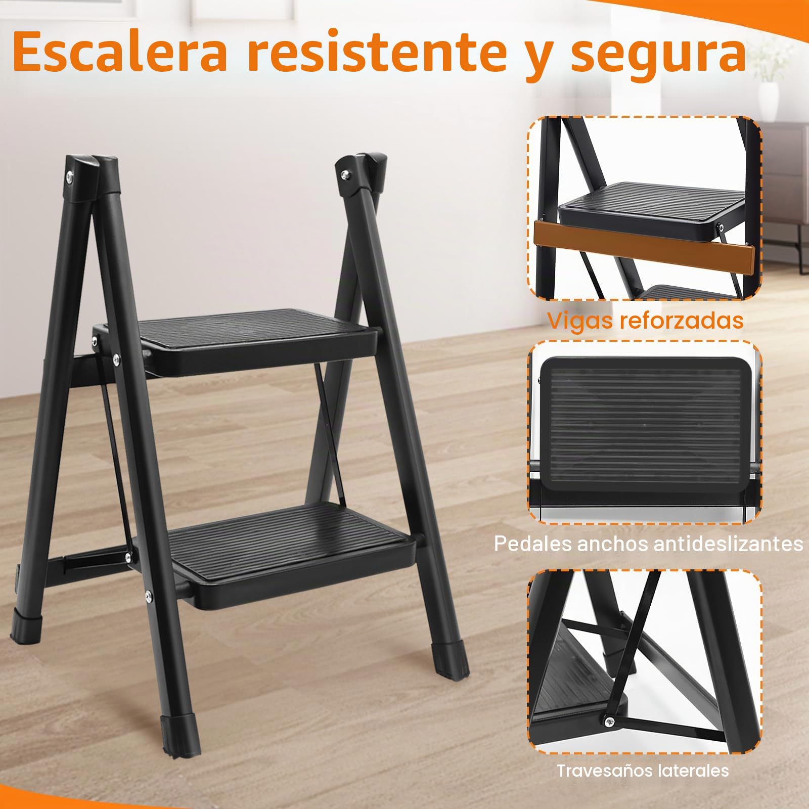 Escalera Plegable 2 Peldaños, Escalera Portátil con Pedales Anchos y Patas Antideslizantes, Escadote Ligera Pequeña para Hogar, Cocina, Interiores, Exteriores, Negro