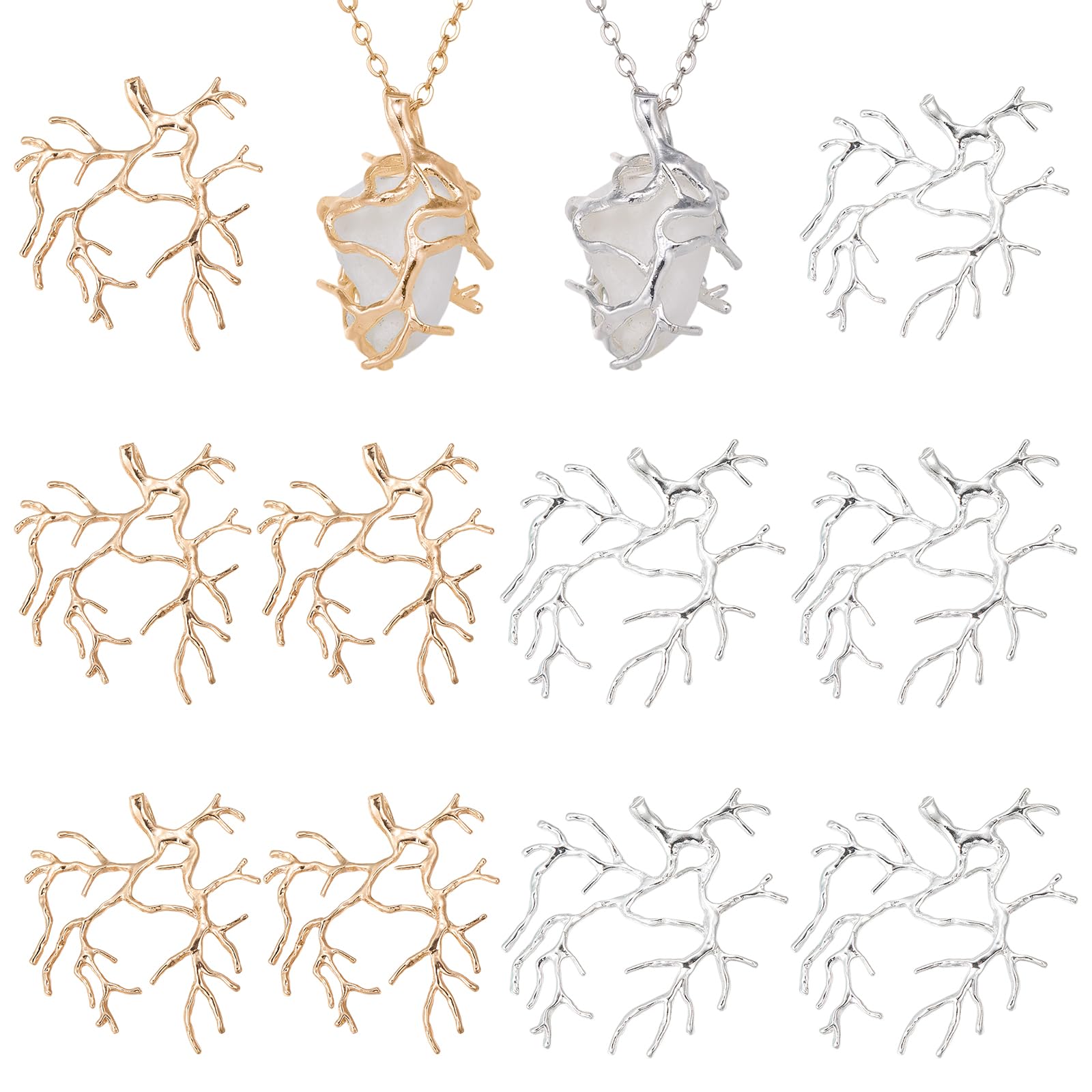 COGCHARGER 10Pcs 2 Color Branch Charms for Jewellery Making Adjustable Claw Bezels Gold Silver Tree Leaf Bulk Brass Pendants for Bracelet Necklace Earring Keychain DIY Supplies
