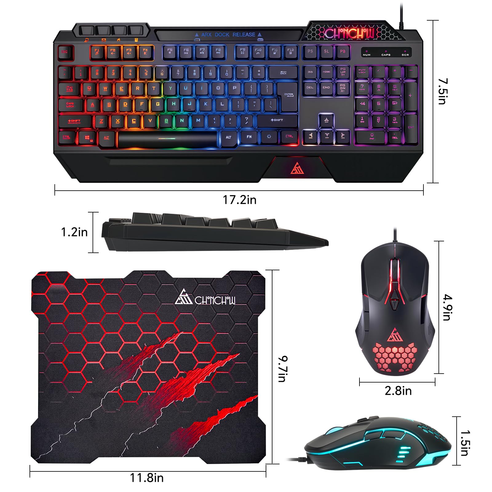 CHONCHOW Tastiera da gioco e mouse combinata, tastiera silenziosa retroilluminata RGB con cavo USB, anti-ghosting, con poggiapolsi ergonomico e supporto per telefono, mouse da gioco 7D 7200 DPI per PC