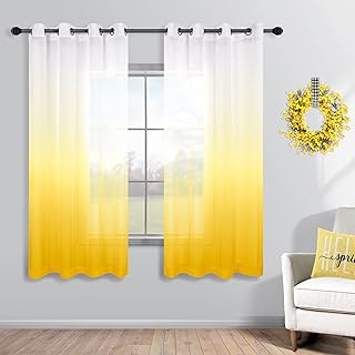 KOUFALL Yellow and White Curtains 63 Inch Length for Bedroom 2 Panels Grommet Window Sheer Ombre Bright Colorful Curtains for Living Room Girls Room 52x63 Inches Long - Buy now