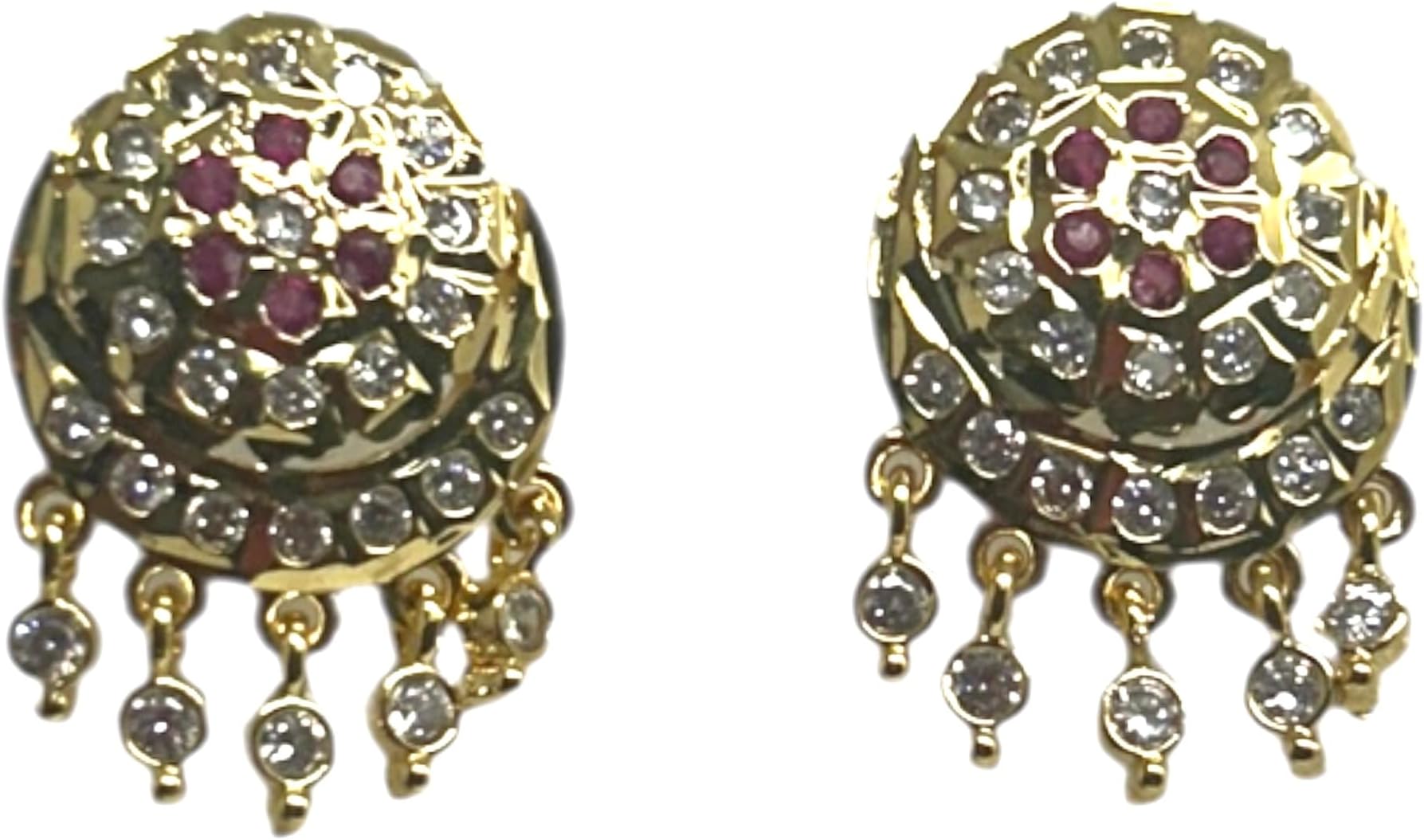 Traditional Impon/Panchaloha/Five Metals Ruby and White Stones Gold-Plated Stud Earrings with Drops, South Indian Style Fashion Jewellery for Women (P480)