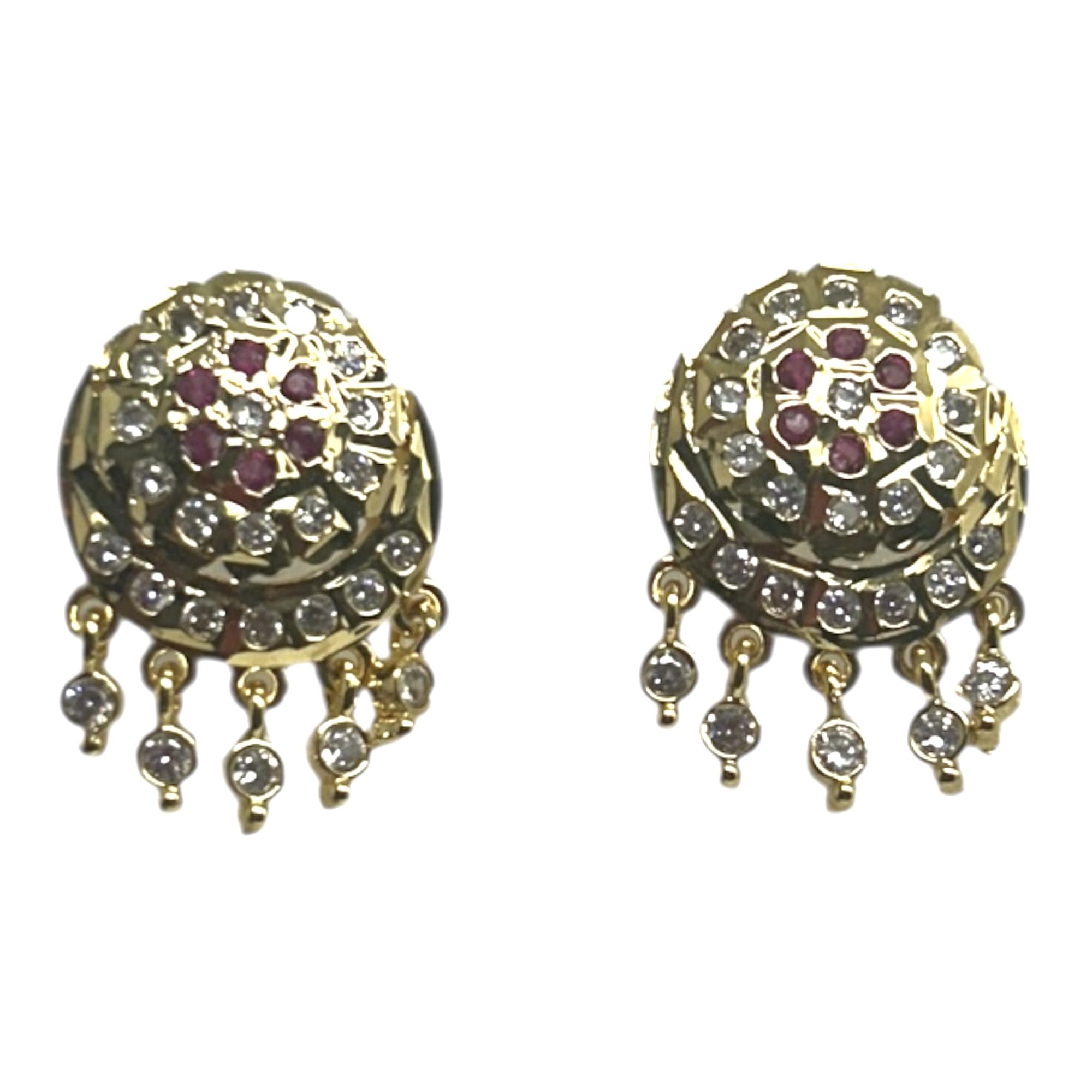Traditional Impon/Panchaloha/Five Metals Ruby and White Stones Gold-Plated Stud Earrings with Drops, South Indian Style Fashion Jewellery for Women (P480)