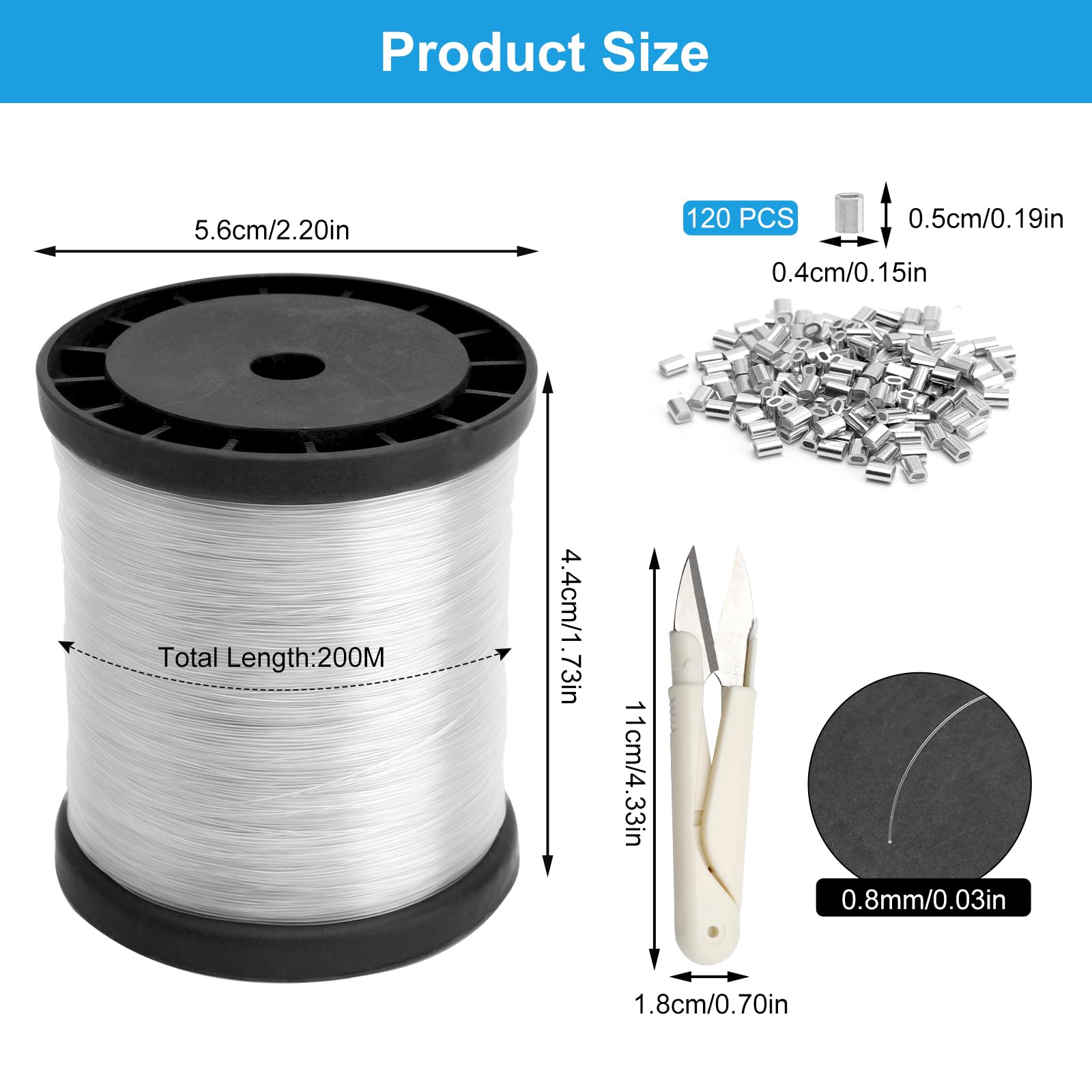 120 nylonowych żyłek wędkarskich, 0,8 mm, 200 m, niewidoczna żyłka, 120 szt. aluminiowych nasadek do zaciskania, mini nożyczki wędkarskie, maks. 16 kg