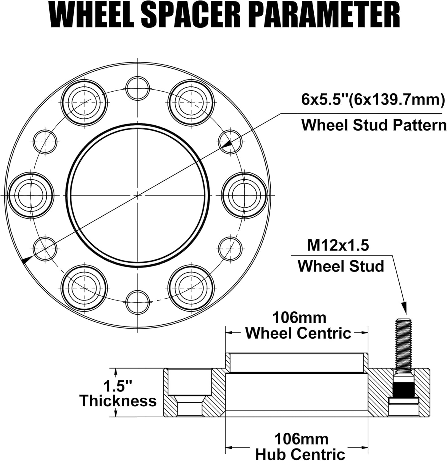 6x5.5 Hubcentric Wheel Spacers for 1995-2023 Tacoma 1989-2024 4Runner with ET Lug Nuts, 1.5 inch 6x139.7 Forged Spacer with 12x1.5 Studs & 106mm Hub Bore Tundra FJ Cruise Fortuner Sequoia GX460 GX470