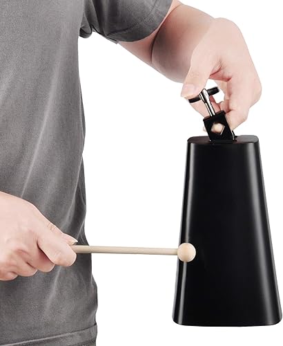 Miniatura 20 de Eastrock Campanas de vaca de acero de metal de 4 pulgadas fabricantes de ruido cencerro de percusión de mano con palo para batería