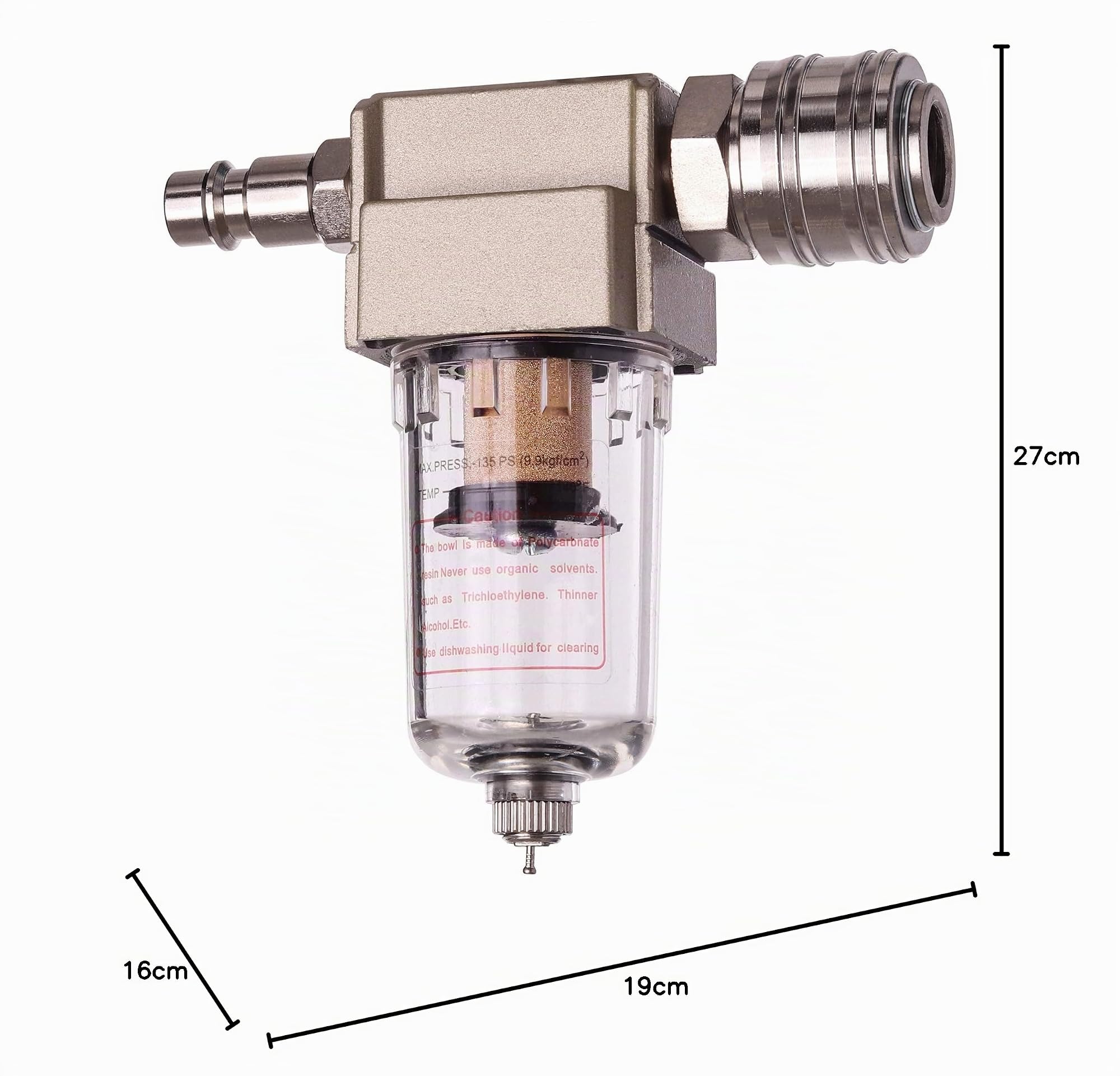 Filtroaria, separatore acqua e olio,1/4" - chiusura, in un set con 4 connettori rapidi e una cinghia in Teflon, per il fissaggio ai compressori o come intermedio nella linea dell'aria compressa