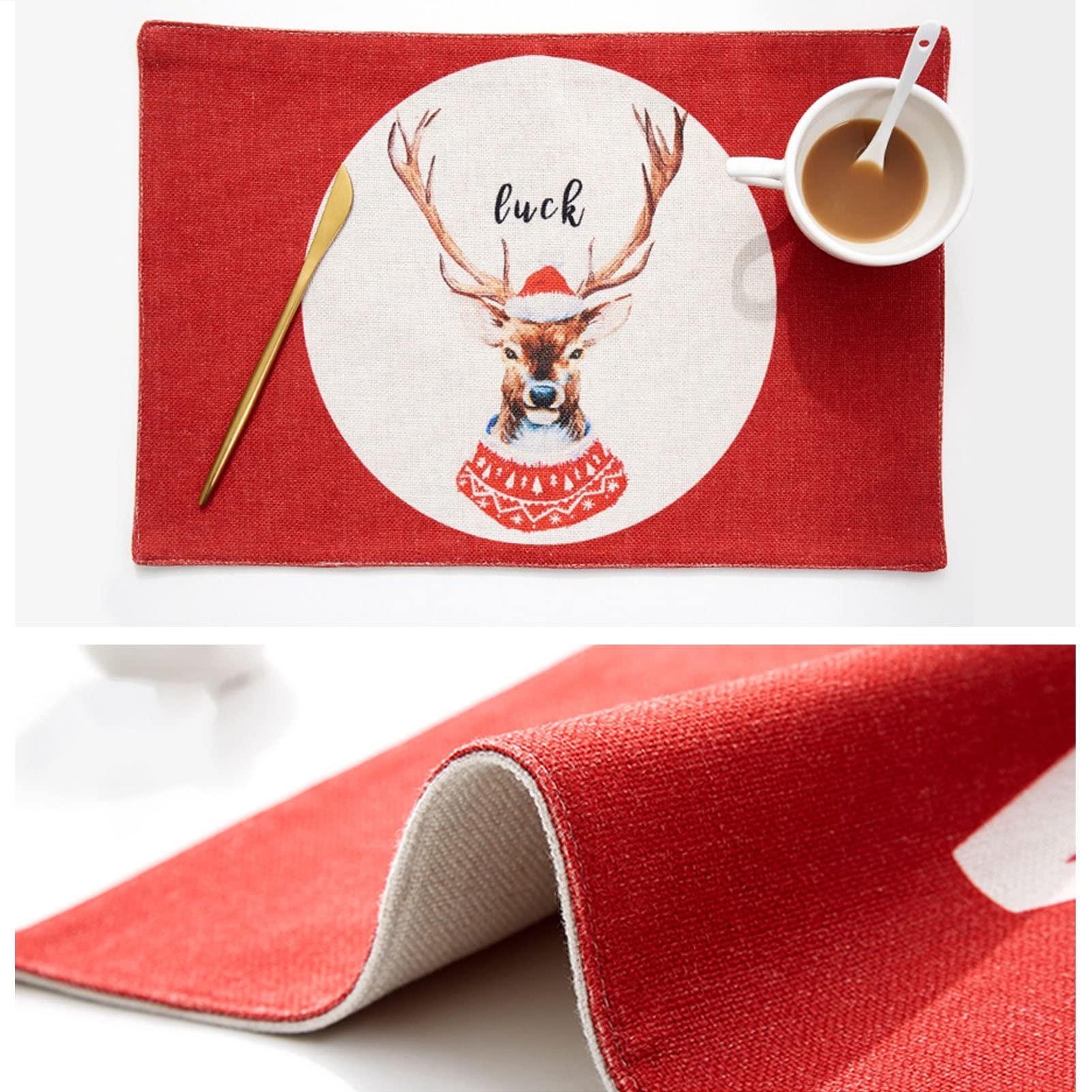 RENRUIRUI- Juego De 6 Navideños, con Tapetes De Tela Lavables Resistentes Al Calor con Estampado De Ciervos A Cuadros, para La Decoración De Año Nuevo De Navidad