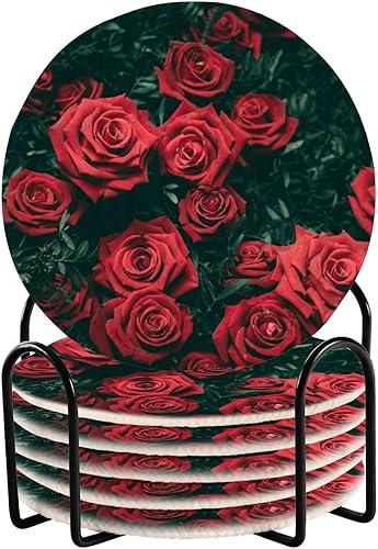 Red Rose Coasters Coasters for Drinks with Holder Set of 6 Home Coasters Housewarming Gift Posavasos para Mesa