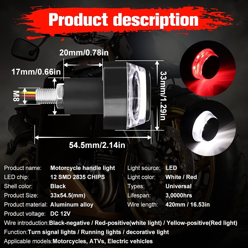 2Pcs Motorcycle Turn Signals LED Light Double Color Bar End Turn Signals Grip Plug Side Marker Lamp Accessory.White+Red