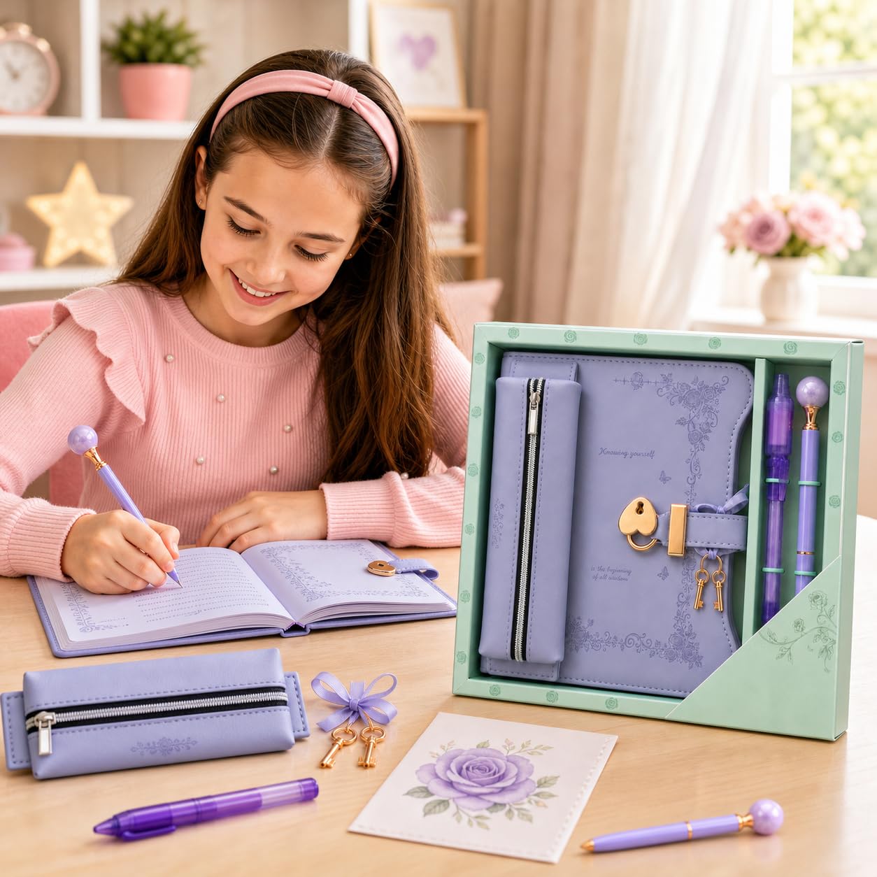 Diario con lucchetto e chiavi per ragazze, set di diario con lucchetto per bambini con penna invisibile e custodia per penna, diario lavanda con penna a sfera abbinata, blocco privacy per