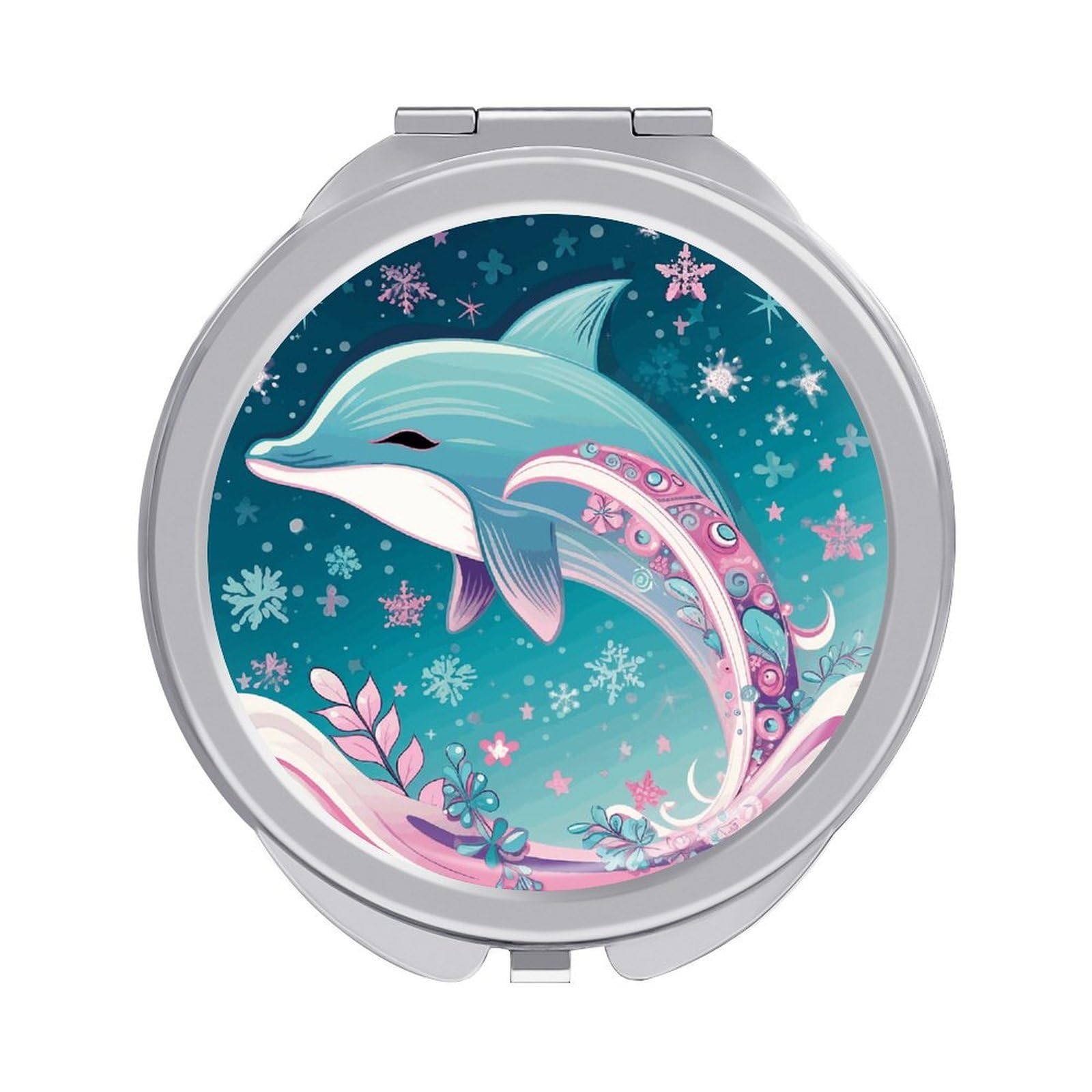 JTREHY Cute Dolphin Snowflake Makeup Mirror Portable Folding Mirror Compact Travel Mirrors 2-Sided Round Pocket Mirrors Cute Handheld Beauty Mirror for Handbag Purse for Women Gift