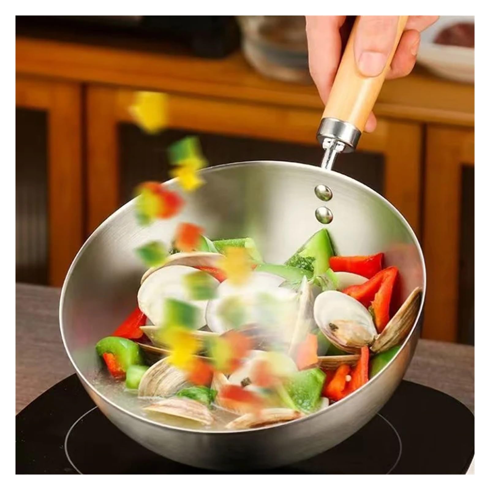 Padella antiaderente da 20 cm, wok con coperchio, in acciaio inox, for fornelli a induzione, fornelli a gas, pentole for cucinare zuppe