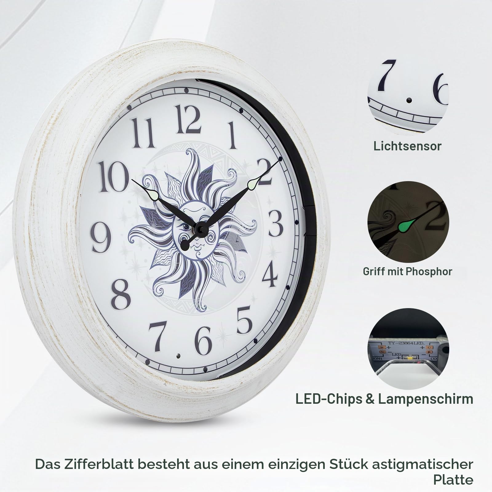 OCEST Outdoor-Uhr Garten Groß - Wetterfeste Wanduhr mit Thermometer, Wasserdicht, Geräuschlos, Batteriebetrieben, Dekouhr für Terrasse, Balkon, Pool & Patio | Batteriebetrieben, Sonnen- und Mond-Zifferblatt, wetterbeständig, Terrasse, Garten, Pool und Woh