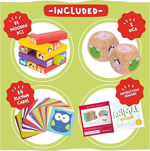 Miniatura 7 de Nene Toys Juego de torre de madera con animales y colores, juego de mesa educativo 4 en 1 para niños de 3 a 9 años, refuerzo de creatividad y